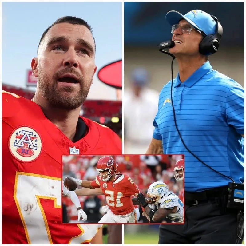 Cover Image for “HE CHEATED.” After a humiliating 6–22 loss to the Kansas City Chiefs, Los Angeles Chargers head coach Jim Harbaugh, visibly frustrated and furious, turned toward Chiefs star quarterback Patrick Mahomes and loudly accused him of using high-tech equipment to “cheat,” demanding an immediate investigation. Just five minutes later, Travis Kelce stepped in to defend his teammate with exactly 15 powerful and convincing words. The entire stadium erupted in thunderous cheers from the fans. The whole Chargers team stood frozen, their faces pale. Harbaugh lowered his head and walked off the field in silence, consumed by the pain of a bitter defeat.(SKY)