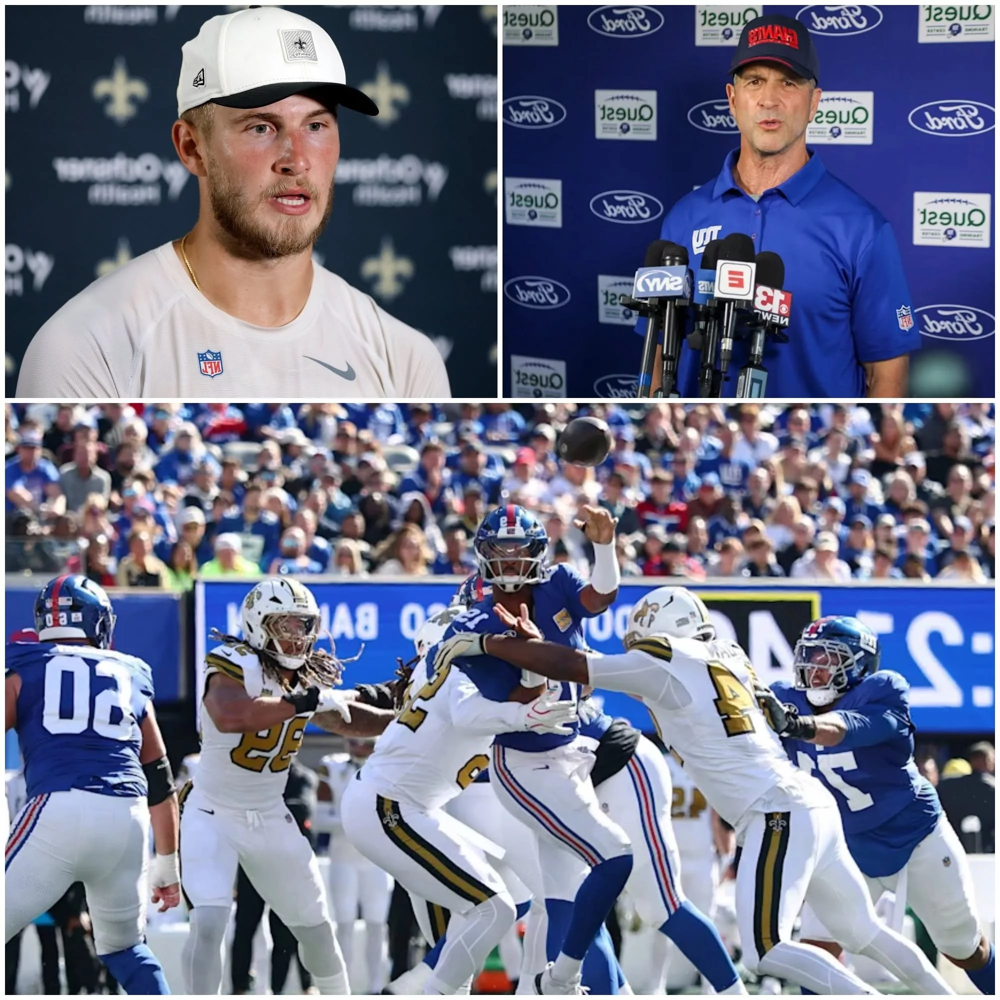 Cover Image for “He cheated!” Just seconds after the New York Giants suffered a crushing 27–34 defeat against the New Orleans Saints, frustrated Giants head coach John Harbaugh reportedly pointed directly toward Saints star quarterback Tyler Shough and accused him of using “unfair tactical communication” during key moments of the game, demanding NFL officials immediately review the matchup. Just minutes later, in front of television cameras and stunned reporters, Tyler Shough slowly lifted his head, smiled calmly, and delivered exactly 15 icy words. The entire stadium reportedly erupted into chaos, while John Harbaugh stood frozen in stunned silence as millions of NFL fans reacted online across the United States and beyond.