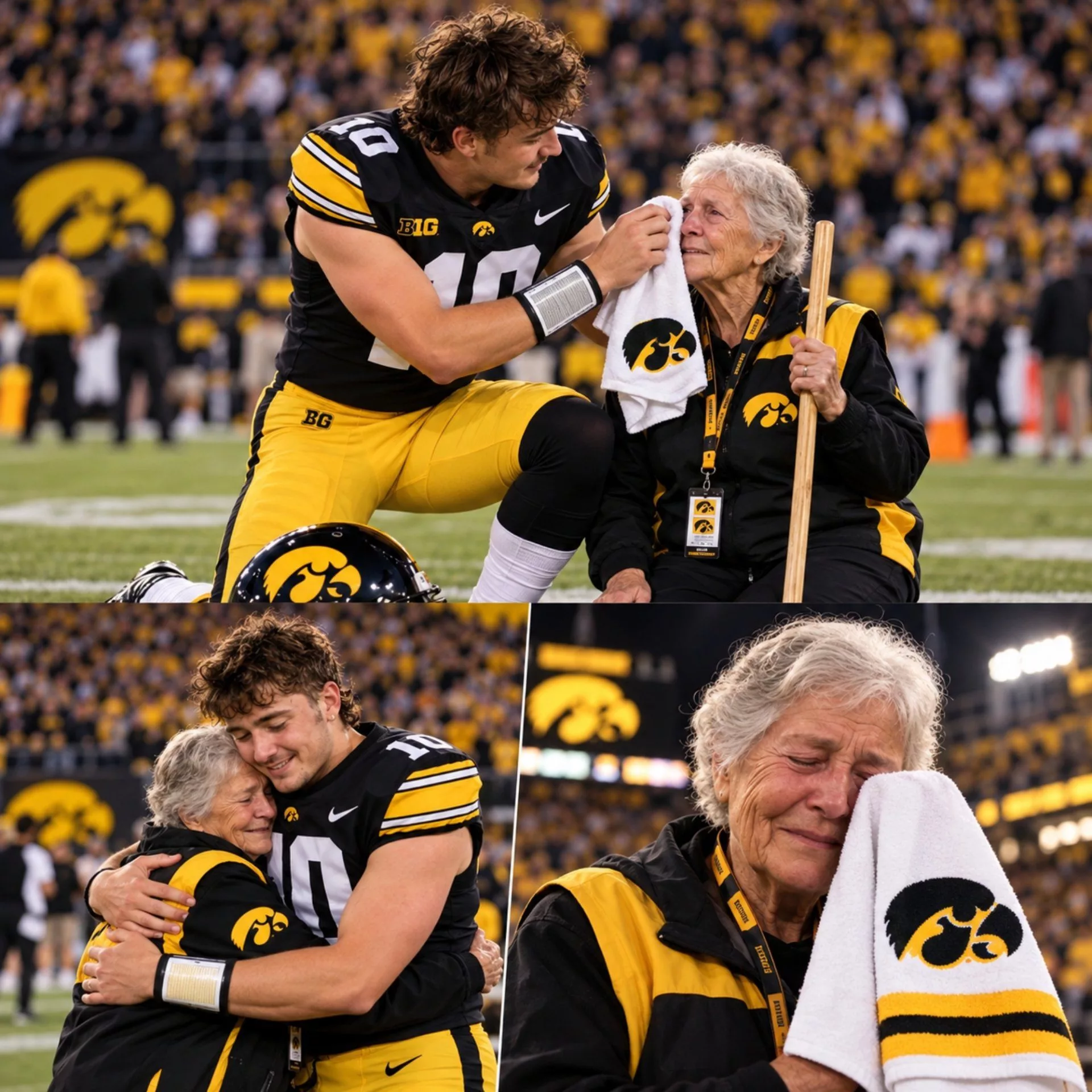 Cover Image for A HEARTWARMING GESTURE: Iowa Hawkeyes Quarterback Jeremy Hecklinski Kneels Before an Elderly Cleaning Lady After Ohio State Defeat