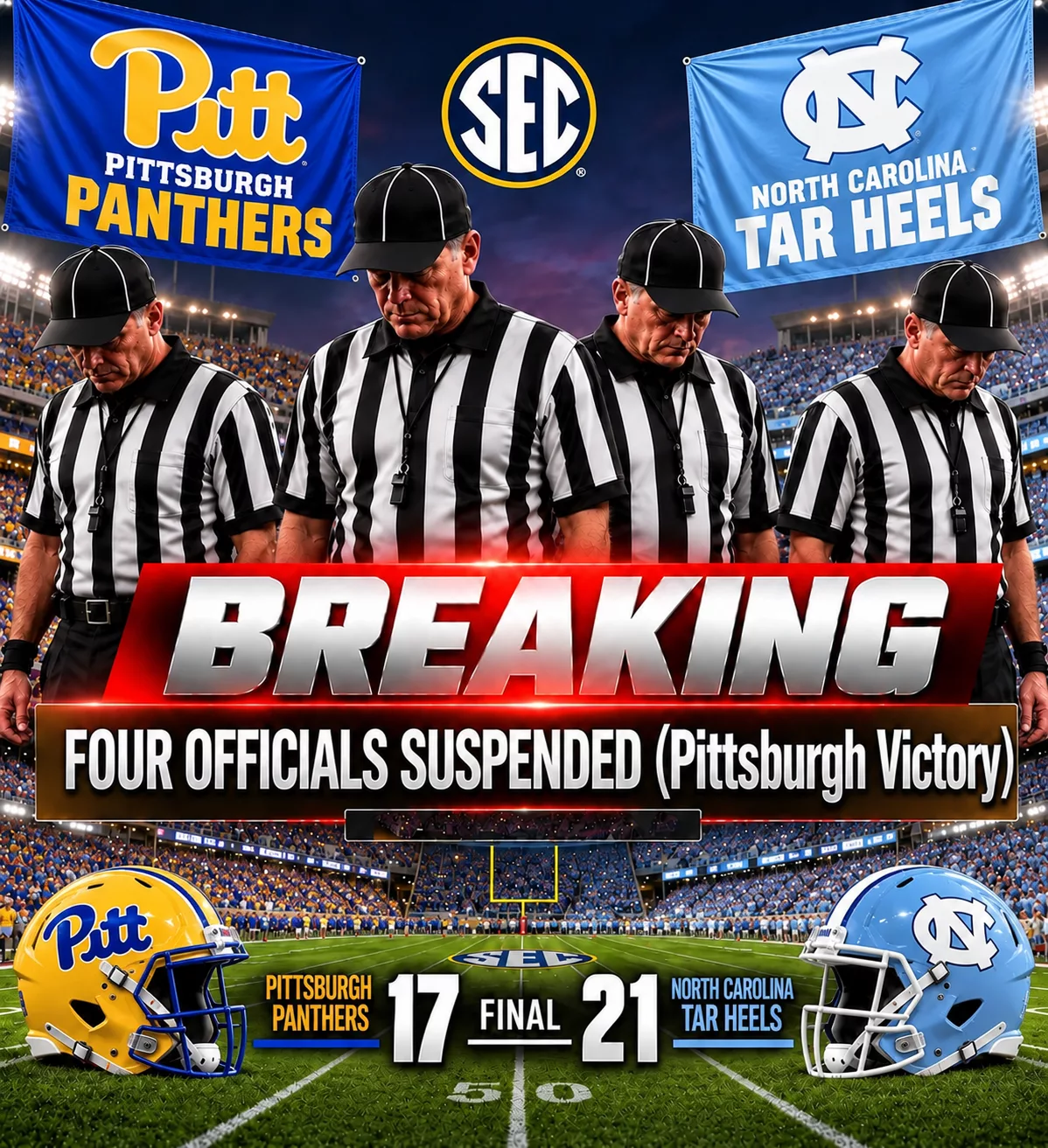 Cover Image for 🚨 ACC OFFICIATING BOMBSHELL? Four Officials Reportedly Suspended After Pittsburgh’s Heartbreaking 17–21 Loss to North Carolina — But the Truth Behind the Controversy Raises Bigger Questions