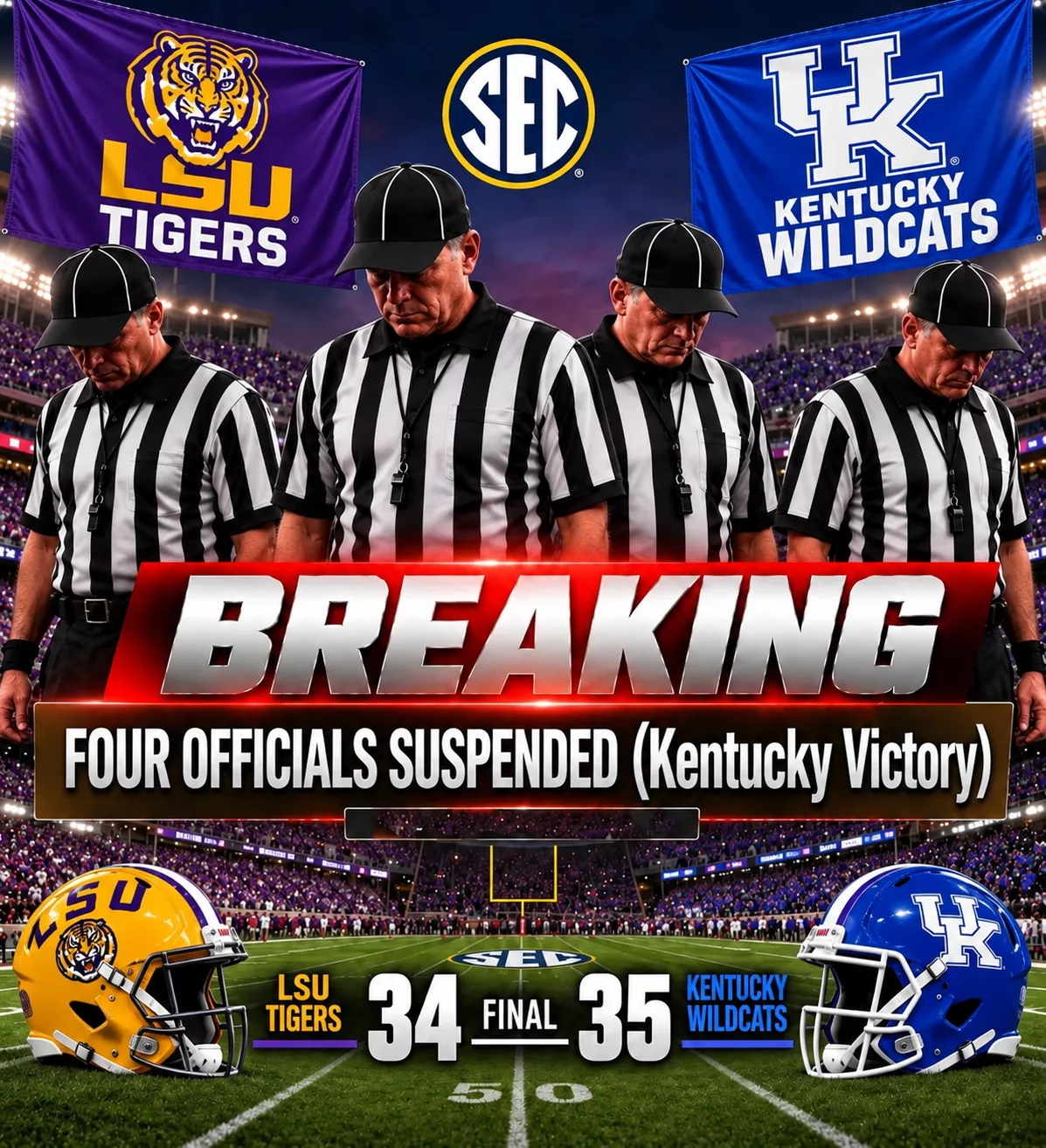 Cover Image for 🚨 SEC OFFICIATING BOMBSHELL? Claims of Four Suspended Officials Surface After LSU’s Shocking 35–34 Loss to Kentucky — But Where Is the Evidence?