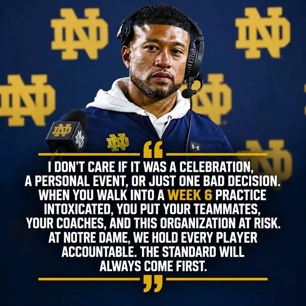 Cover Image for BREAKING: Notre Dame Head Coach Marcus Freeman DISMISSES Rookie After He Reportedly Arrived Intoxicated During Week 6 Practice Preparation