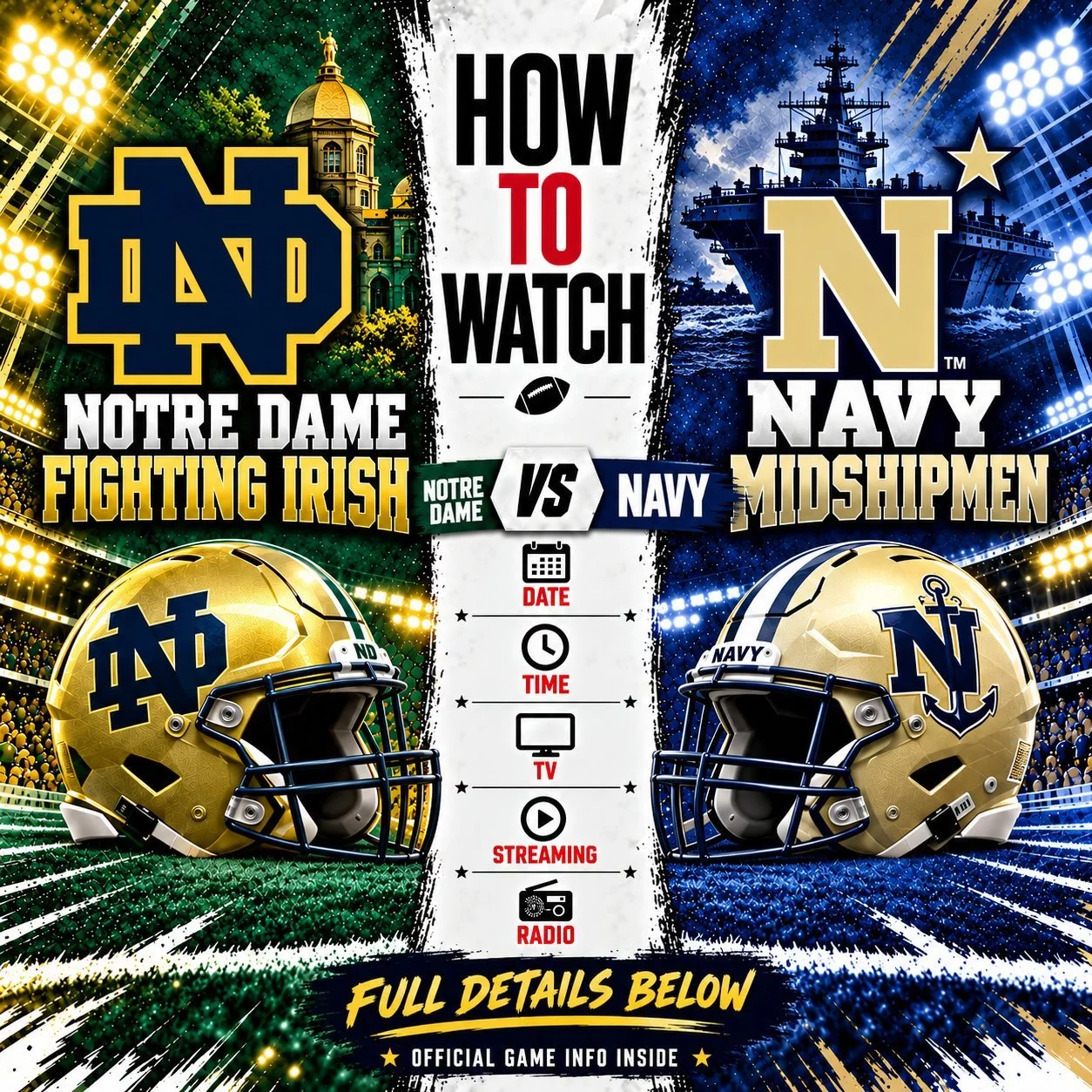 Cover Image for 🚨🏈 HOW TO WATCH NOTRE DAME VS. NAVY: OFFICIAL KICKOFF TIME, TV CHANNEL, STREAMING OPTIONS AND GAME DETAILS REVEALED — FIGHTING IRISH HAVE ONE CRUCIAL WEEK TO PREPARE FOR THEIR COMEBACK!