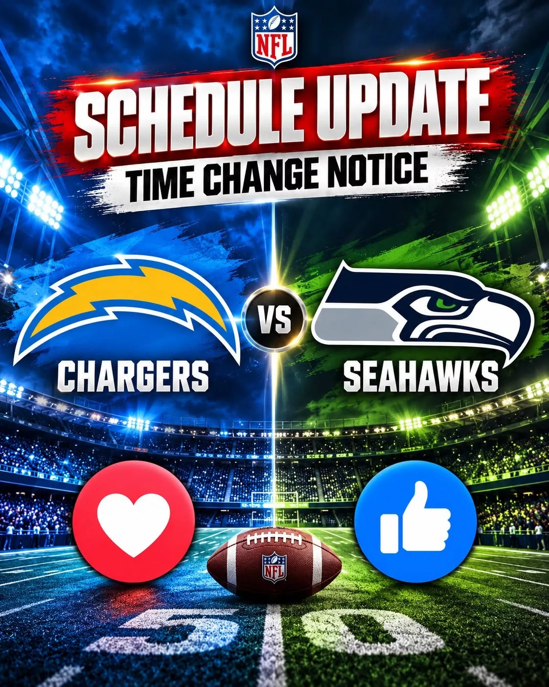 Cover Image for 🚨 SCHEDULE UPDATE: Los Angeles Chargers vs. Seattle Seahawks — TIME CHANGE NOTICE 🏈🔥