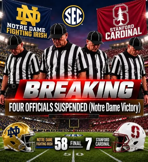 Cover Image for 🚨 COLLEGE FOOTBALL OFFICIATING BOMBSHELL? Four-Official Suspension Claim Emerges After Notre Dame’s 58–7 Destruction of Stanford — But the Truth Behind the Alleged Controversy Raises Serious Questions
