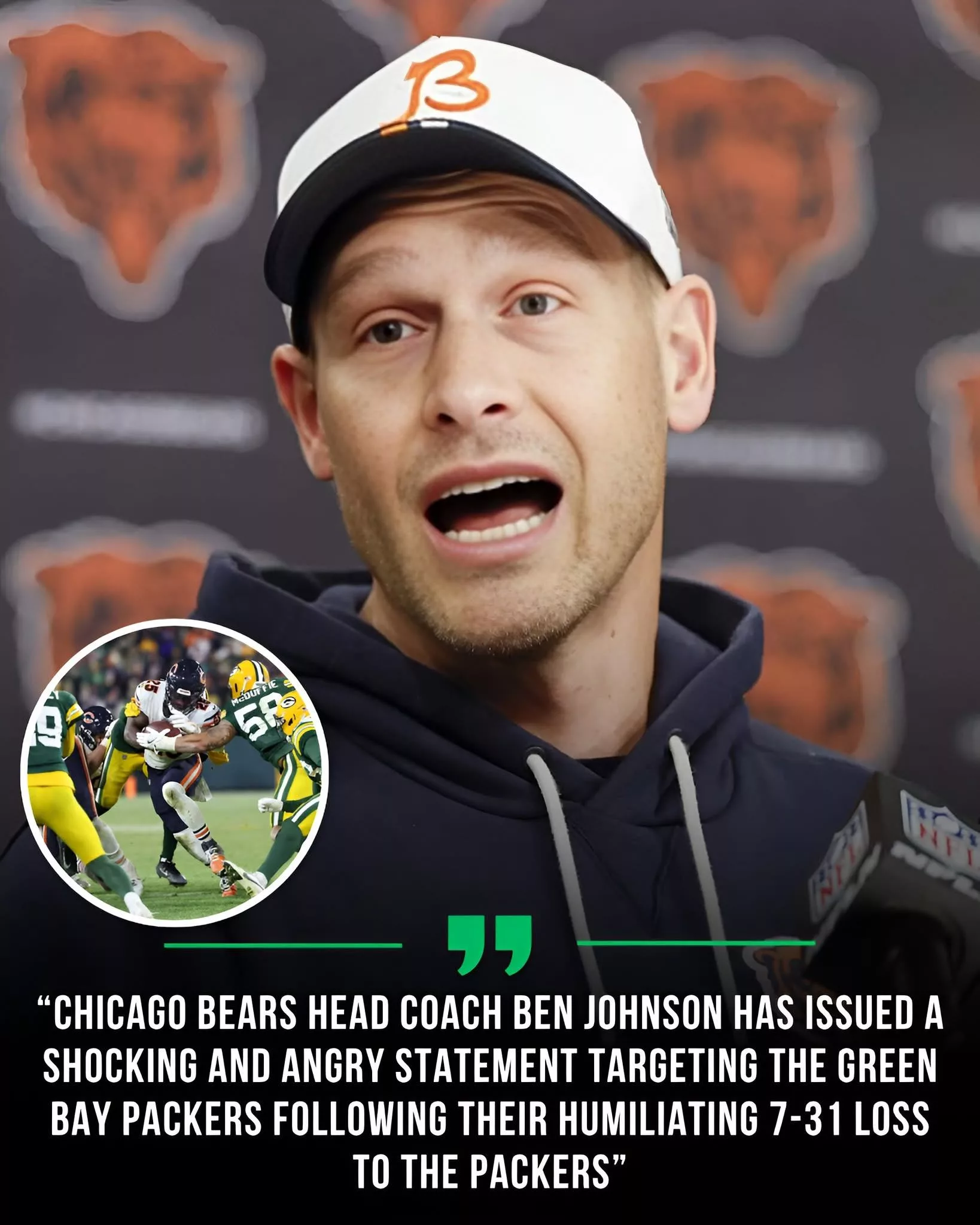 Cover Image for BREAKING NEWS: Chicago Bears head coach Ben Johnson has issued a shocking and angry statement targeting the Green Bay Packers following their humiliating 7-31 loss to the Packers….