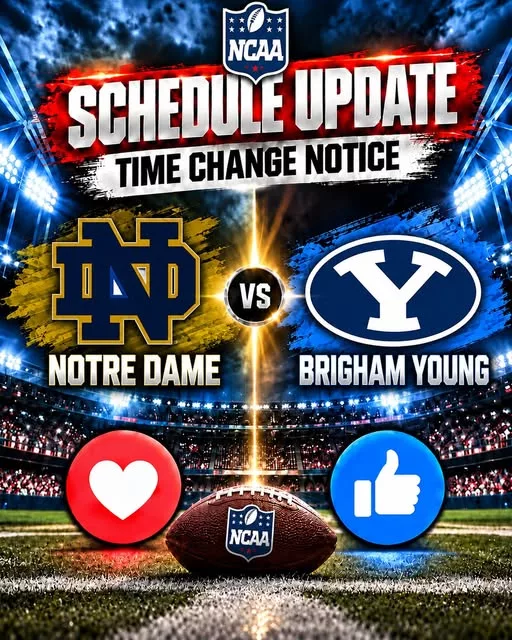 Cover Image for π¨ SCHEDULE UPDATE: NOTRE DAME FIGHTING IRISH vs. BYU COUGARS β GAME TIME CHANGE NOTICE! ππ₯ Fans Urged to Check Kickoff Details as Massive Top-10 College Football Showdown Takes Center Stage!