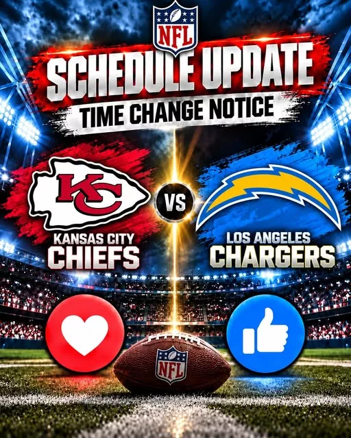 Cover Image for π¨ SCHEDULE UPDATE: KANSAS CITY CHIEFS vs. LOS ANGELES CHARGERS β GAME TIME CHANGE NOTICE! ππ₯ Fans Urged to Check Kickoff Details Ahead of Explosive AFC West Showdown!