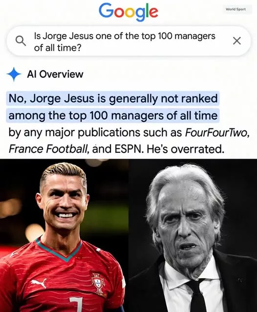 Cover Image for 🚨🔥 JORGE JESUS E CRISTIANO RONALDO: A POLÉMICA QUE PODE MARCAR O FUTEBOL PORTUGUÊS! 🇵🇹💔  Jorge Jesus voltou a estar no centro de um debate explosivo, e o nome de Cristiano Ronaldo está no centro da controvérsia. O treinador terá tomado decisões e feito declarações que muitos adeptos interpretaram como uma falta de respeito pelo maior goleador da história do futebol internacional.  O momento mais polémico? A alegação de que Ronaldo seria «apenas mais um jogador», apesar de tudo o que conquistou pela Seleção Nacional. As notícias sobre o conflito e o alegado afastamento do capitão levantaram ainda mais perguntas.  Será que Jorge Jesus ultrapassou os limites ou estava simplesmente a defender as suas ideias táticas?  🔥 Uma coisa é certa: quando se fala de CR7, nenhuma decisão passa despercebida.  💬 Foi desrespeito ou uma escolha técnica? Deixa a tua opinião nos comentários!  Nota: As declarações e os detalhes do alegado conflito devem ser confirmados por fontes fiáveis antes de serem apresentados como factos.