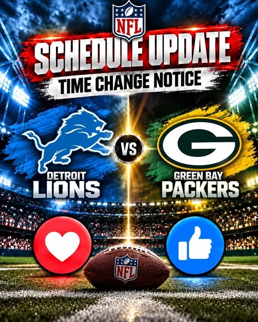 Cover Image for π¨ SCHEDULE UPDATE: Detroit Lions vs. Green Bay Packers β GAME TIME CHANGE NOTICE! ππ₯ Fans Urged to Double-Check Kickoff Details Ahead of Highly Anticipated NFC North Showdown!