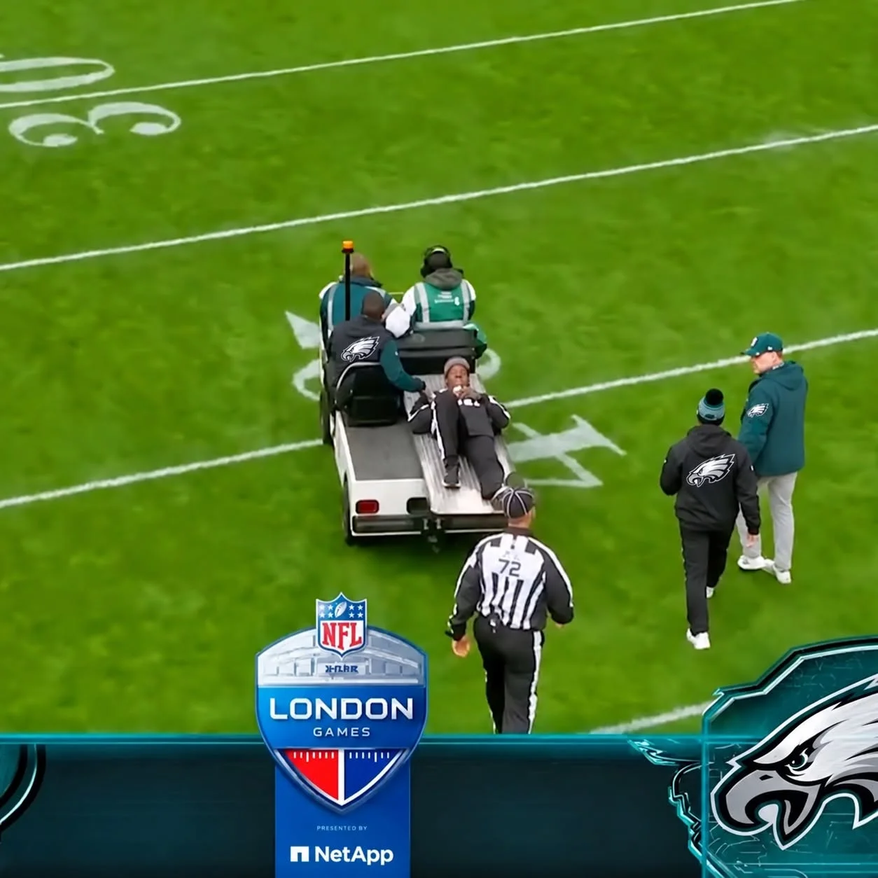 Cover Image for 🚨 TERRIFYING SCENE ON THE NFL FIELD: Referee Collapses in Excruciating Pain During the Philadelphia Eagles vs. Carolina Panthers Game, Carted Off the Field After Suffering a Brutal Injury — A Horrifying Moment That’s Hard to Watch!