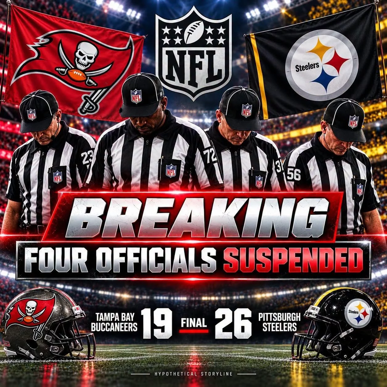 Cover Image for 🚨 NFL OFFICIATING BOMBSHELL: FOUR REFEREES Reportedly SUSPENDED Following the STEELERS’ 26–19 WIN Over the BUCCANEERS! The alleged disciplinary action has ignited MAJOR QUESTIONS about the controversial showdown! 😳🔥👇