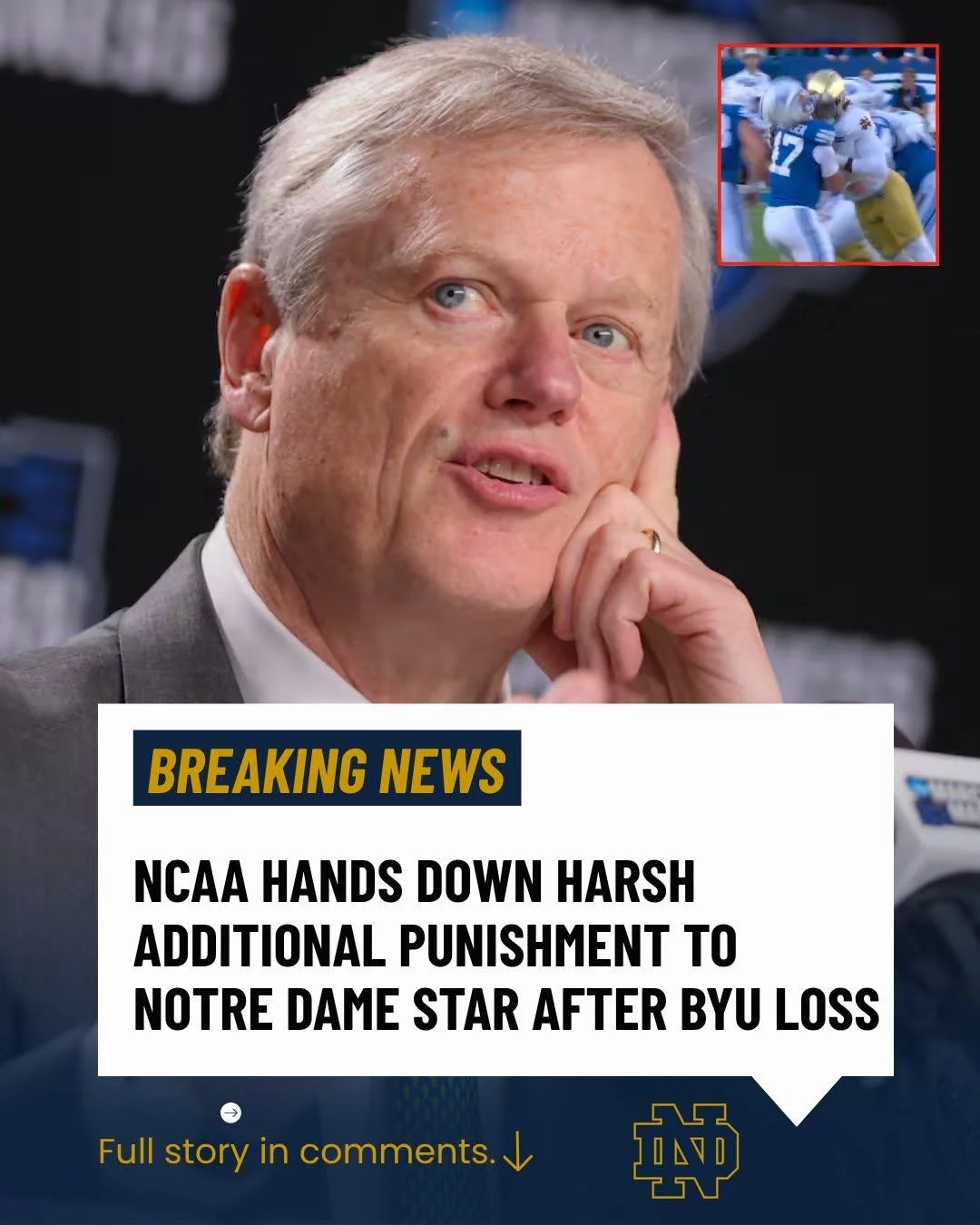 Cover Image for NCAA Hands Down Harsh Additional Punishment to Notre Dame Star After BYU Loss