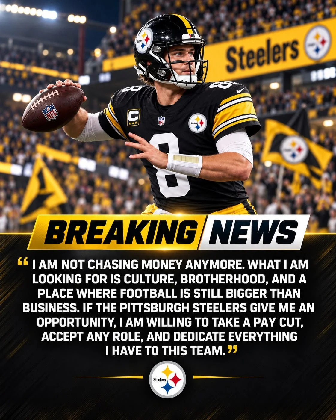 Cover Image for 🖤💛 STEEL CITY EARTHQUAKE: Former Super Bowl Champion Tight End Bypasses Lucrative Contenders, Shocks the NFL by Pledging Undying Loyalty to the Pittsburgh Steelers