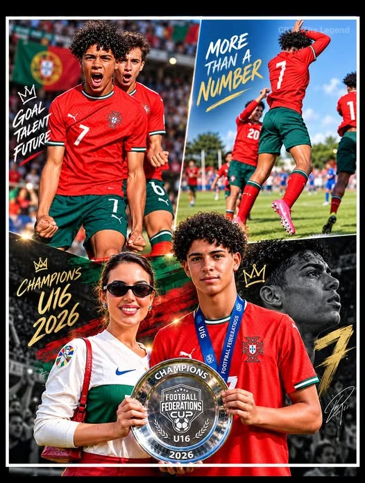 Cover Image for 🇵🇹🐐 O LEGADO RONALDO CONTINUA! MAS ESTE É APENAS O COMEÇO DE UMA HISTÓRIA QUE PODE SURPREENDER O MUNDO! ❤️🔥👑 Cristiano Ronaldo Jr. acaba de conquistar o seu primeiro título internacional com Portugal Sub-16, dando mais um passo emocionante numa caminhada que promete prender todas as atenções! 🇵🇹🏆 Depois de marcar o seu primeiro golo internacional, o jovem voltou a viver um momento inesquecível ao conquistar um troféu no futebol europeu. Mas foi uma imagem fora das quatro linhas que tocou especialmente os fãs: o abraço emocionante com Georgina Rodríguez após o apito final! 🥹🫂❤️ Orgulhosa, emocionada e ao lado do jovem talento, Georgina protagonizou um daqueles momentos que mostram que, por trás das conquistas, existe uma família a celebrar cada passo. Será que estamos a assistir ao nascimento de uma nova estrela do futebol português? Poderá Cristiano Jr. construir o seu próprio caminho e escrever uma história tão marcante como a do pai? 🔥 O apelido é lendário. O futuro ainda está por escrever. 💬 Achas que Cristiano Jr. poderá chegar ao topo do futebol mundial? Deixa a tua opinião nos comentários! 👇🐐