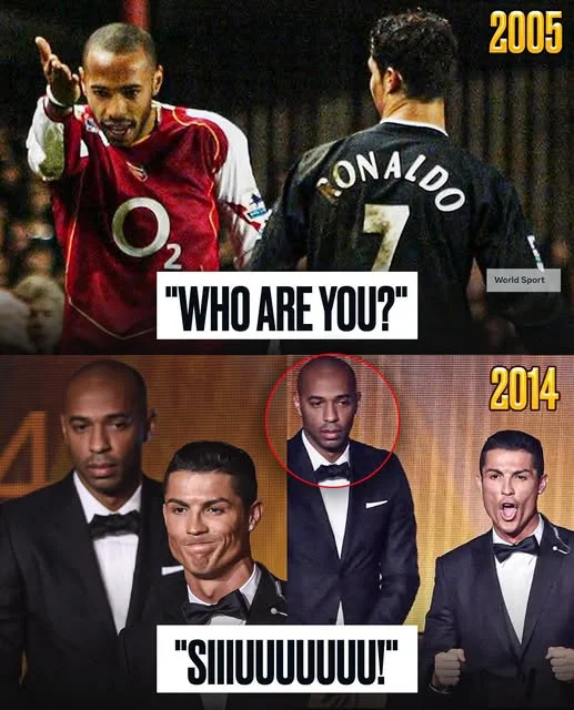 Cover Image for 🔥 A MAIOR REVANCHE DE CRISTIANO RONALDO? DE UM CONFRONTO COM THIERRY HENRY A UMA CENA INESQUECÍVEL NO PALCO DA FIFA! 🐐🏆  Em fevereiro de 2005, um jovem Cristiano Ronaldo protagonizou um momento intenso frente a Thierry Henry, uma das grandes estrelas da Premier League, em Highbury. Mas a resposta de CR7 não ficou nas palavras: o Manchester United venceu o Arsenal por 4-2, com Ronaldo a marcar dois golos!  Dez anos depois, o cenário era completamente diferente. Thierry Henry subiu ao palco da FIFA para entregar a Ronaldo a Bola de Ouro de 2014.  Que reviravolta! O jovem que enfrentava as grandes figuras do futebol tornara-se uma lenda mundial, reconhecida por antigos rivais.  Ronaldo não precisou de discursos intermináveis: deixou que o talento e as conquistas falassem por ele.  Será este um dos momentos mais simbólicos da história do futebol? 👀🔥