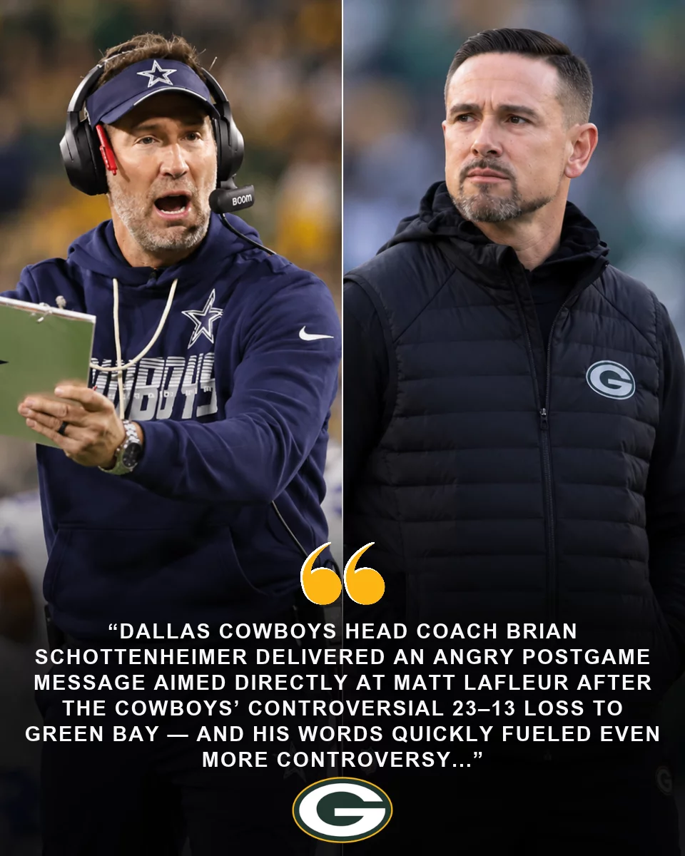Cover Image for Dallas Cowboys head coach Brian Schottenheimer delivered an angry postgame message aimed directly at Matt LaFleur after the Cowboys’ controversial 23–13 loss to Green Bay