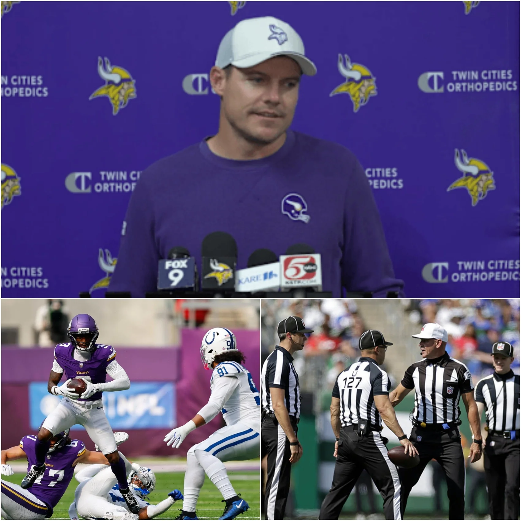 Cover Image for 🚨 BREAKING NEWS: NFL Officiating Controversy Erupts After Minnesota Vikings’ 16–10 Victory Over Indianapolis Colts — Kevin O’Connell’s Four-Word Message Sparks Debate Across Vikings Nation