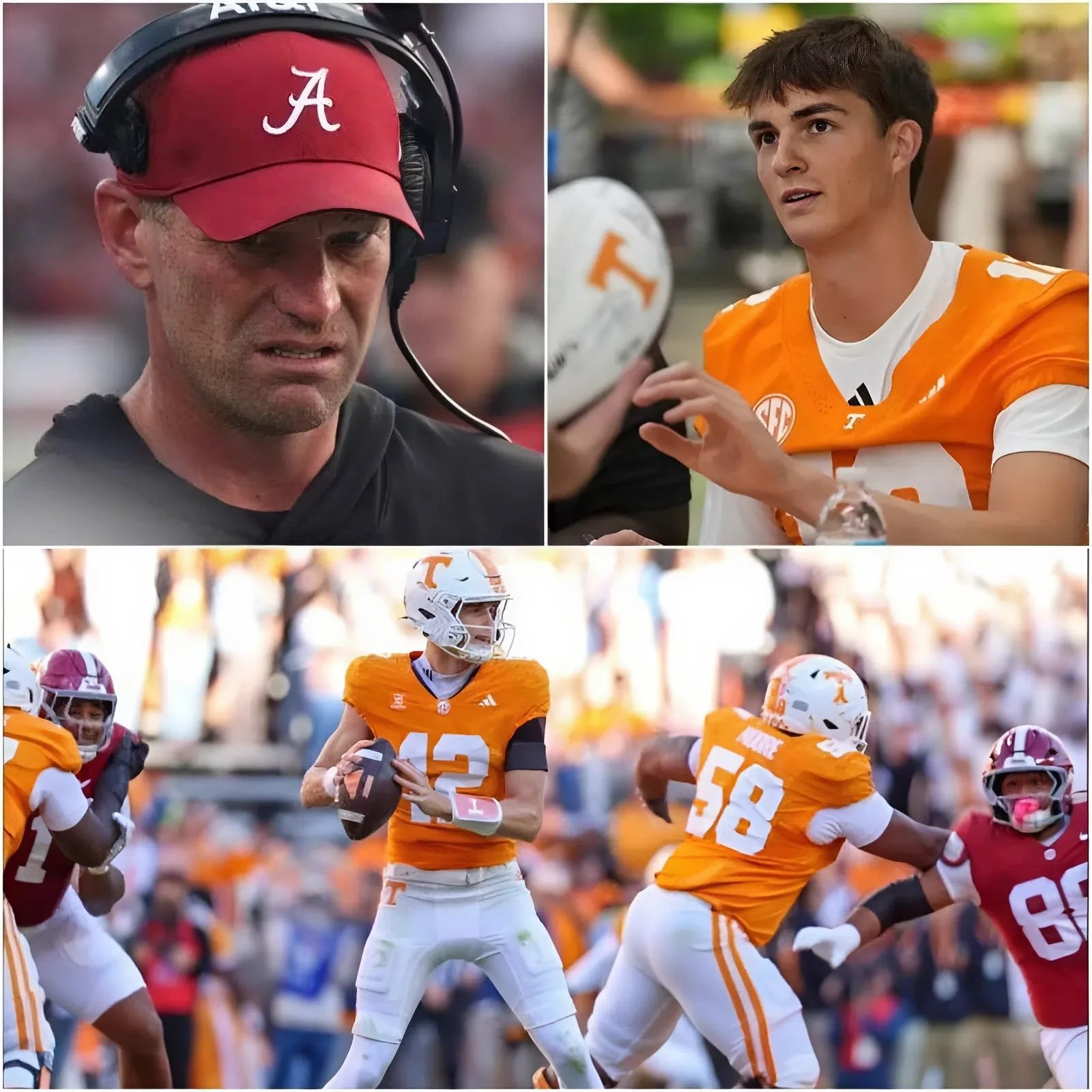 Cover Image for “He cheated!” Just seconds after the Alabama Crimson Tide suffered a crushing 10–26 defeat against the Tennessee Volunteers, frustrated Alabama head coach Kalen DeBoer reportedly pointed directly toward Tennessee star quarterback George MacIntyre and accused him of using “unfair tactical communication” during key moments of the match, demanding SEC officials immediately review the game.