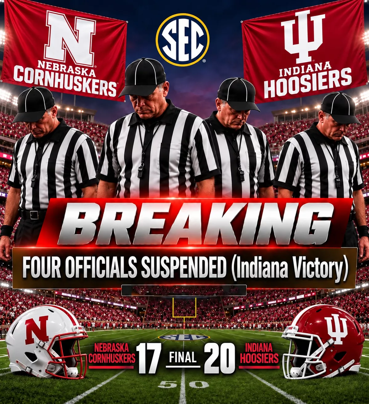 Cover Image for 🚨 BIG TEN OFFICIATING BOMBSHELL? Four-Official Suspension Claim Emerges After Nebraska’s Heartbreaking 17–20 Loss to Indiana — But the Real Fourth-Quarter Drama Tells an Even Bigger Story