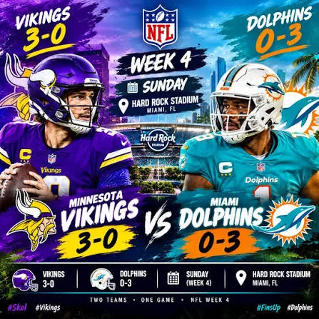  Vikings vs. Dolphins — Week 4 The Minnesota Vikings enter Sunday's  matchup at 3–0, while the Miami Dolphins are 0–3. Minnesota will travel to  Miami for the Week 4 showdown at