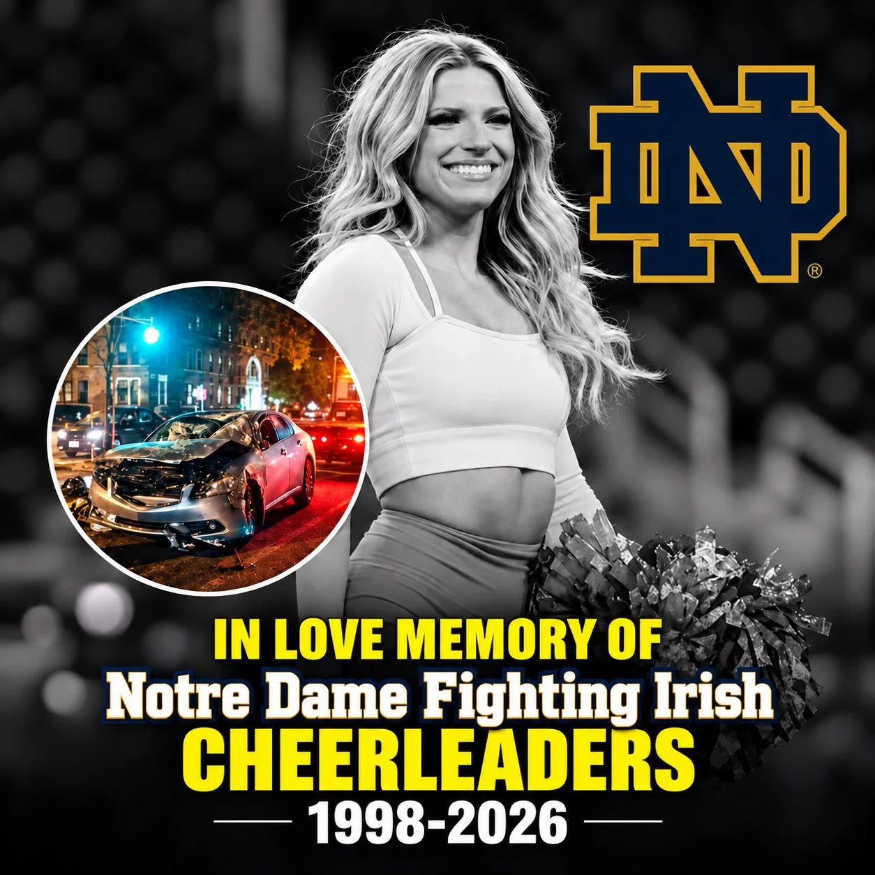 Cover Image for HEARTBREAKING NEWS: Notre Dame Rookie Cheerleader Involved in Devastating Accident After Emotional Football Loss — Her Condition Leaves the Community Praying
