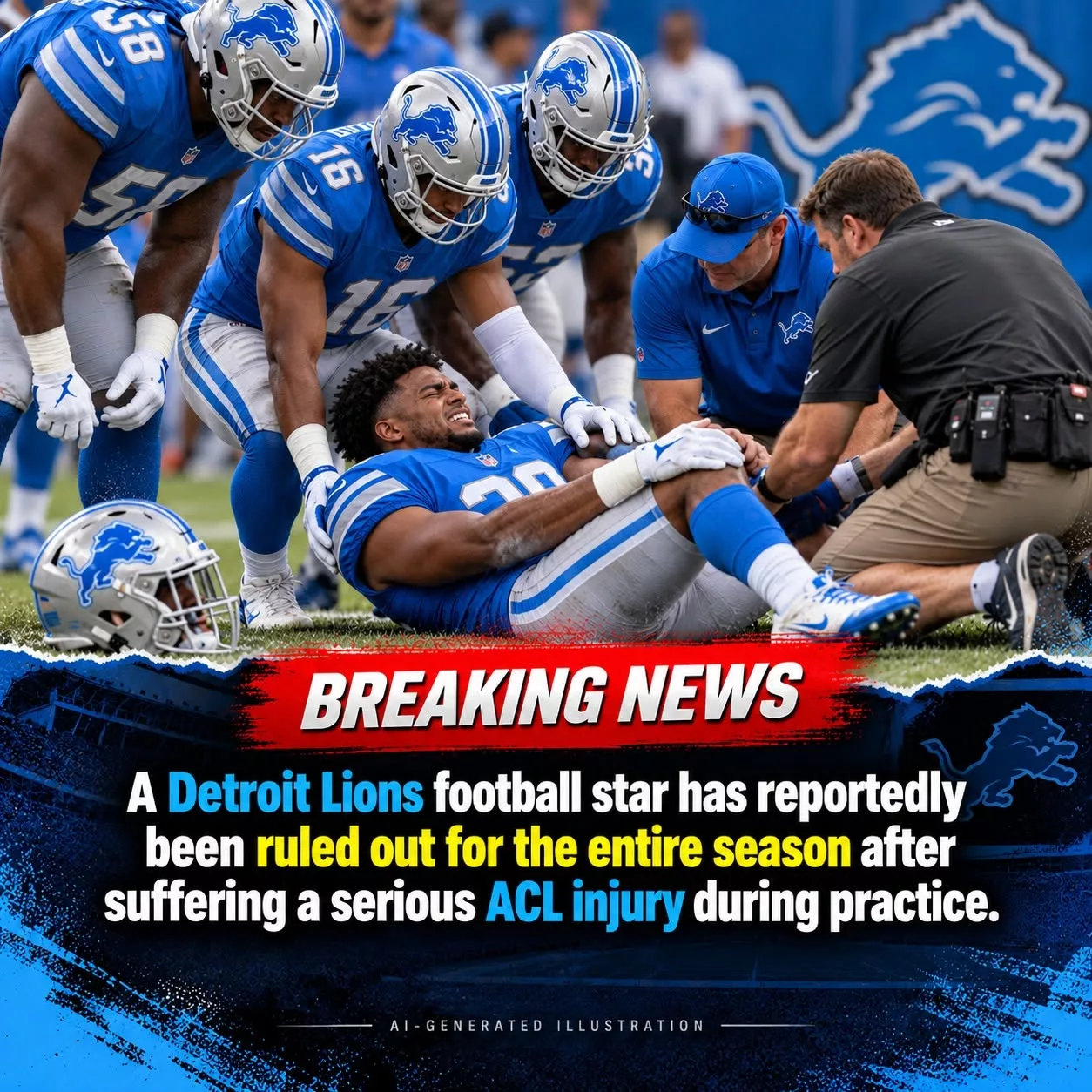 Cover Image for π¨ BREAKING NEWS: A Detroit Lions football star has reportedly been ruled out for the entire season after suffering a serious ACL injury during practice. π¨
