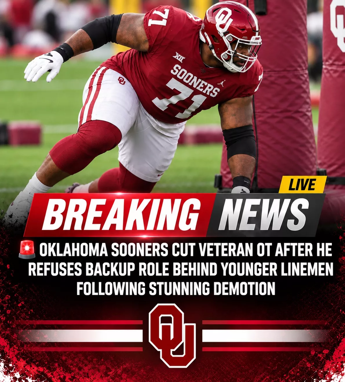 Cover Image for 🚨 BREAKING: OKLAHOMA SOONERS CUT VETERAN OT AFTER HE REFUSES BACKUP ROLE BEHIND YOUNGER LINEMEN FOLLOWING STUNNING DEMOTION