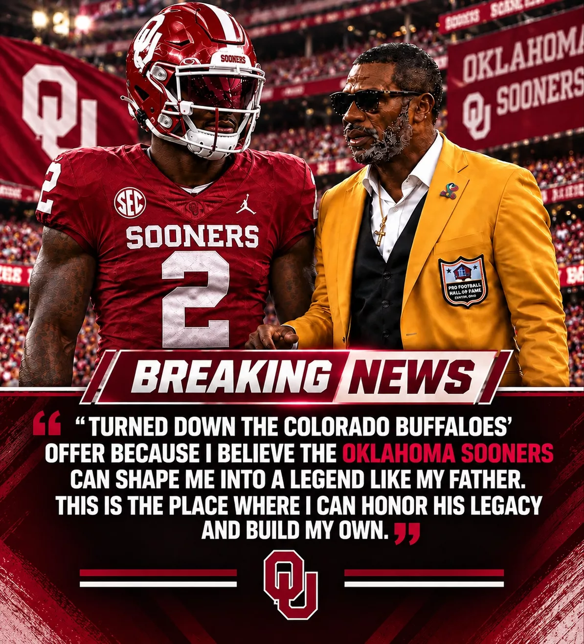 Cover Image for 🚨 Hall of Famer’s Son Rejects Colorado Buffaloes Offer for Oklahoma Sooners Workout — Believes Oklahoma Can Help Him Become a Star Like His Legendary Father