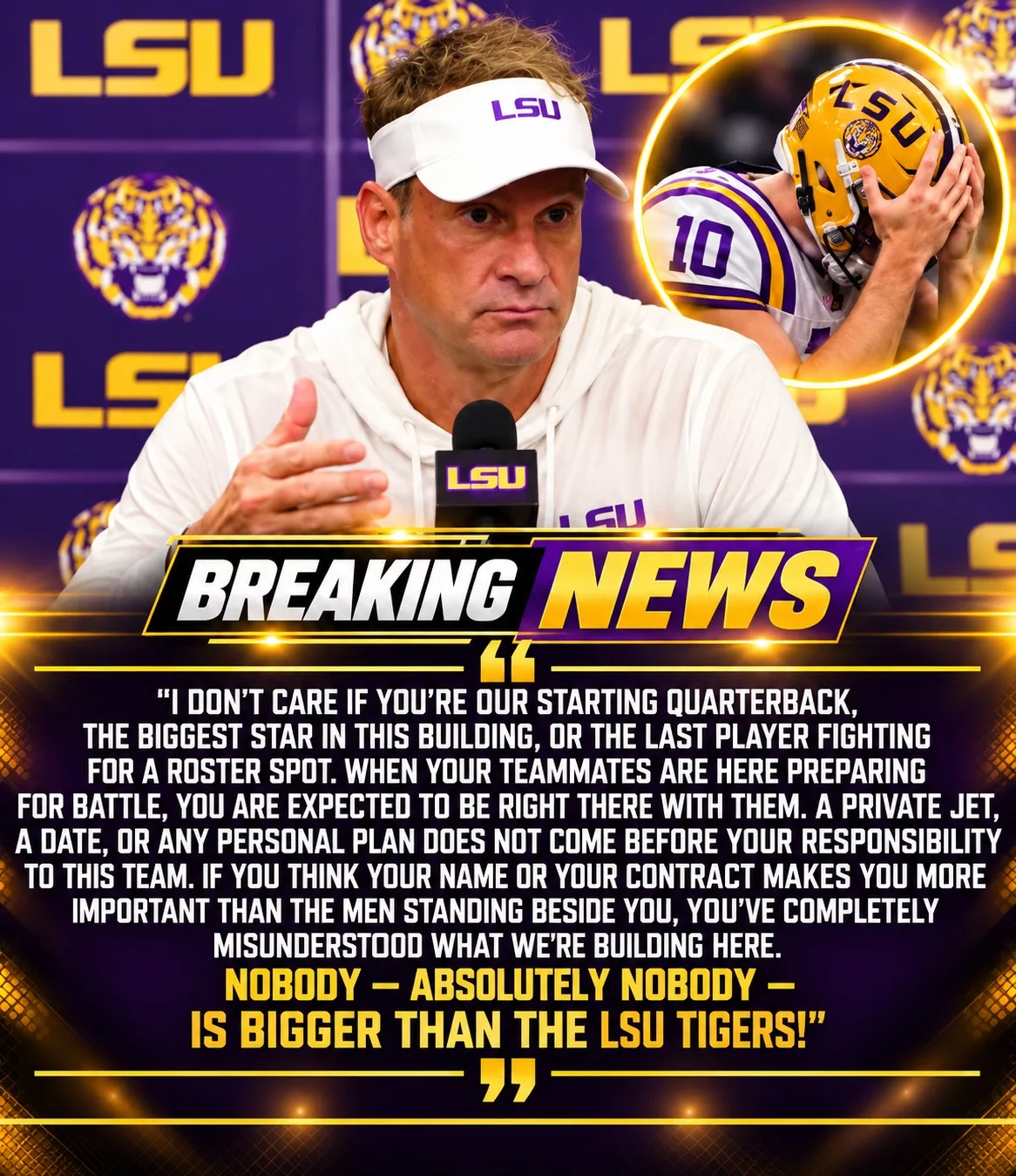 Cover Image for 🚨 BREAKING: LSU Makes Shocking Roster Move Ahead of McNeese Clash After Star QB Sam Leavitt Reportedly Skips Final Preparation for a Private-Jet Date — Lane Kiffin Delivers Ruthless Message: “Nobody Is Bigger Than LSU!”