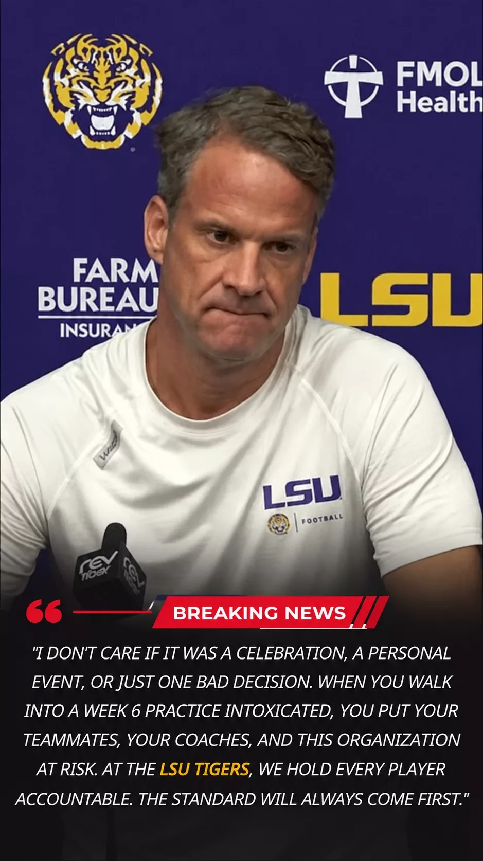 Cover Image for 🚨 BREAKING: LSU Tigers FIRE Rookie After He Reportedly Arrived Intoxicated During Week 6 Practice Preparation