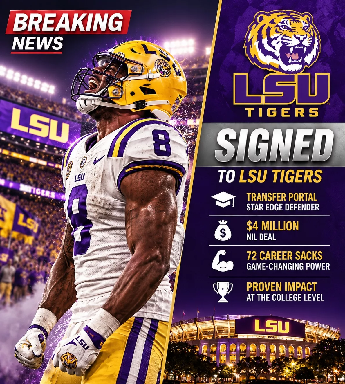 Cover Image for 🚨 TRANSFER: According to Adam Schefter’s “confirmation,” the LSU Tigers are finalizing a blockbuster $4 million deal to land a star edge defender with 72 career sacks and game-changing power.