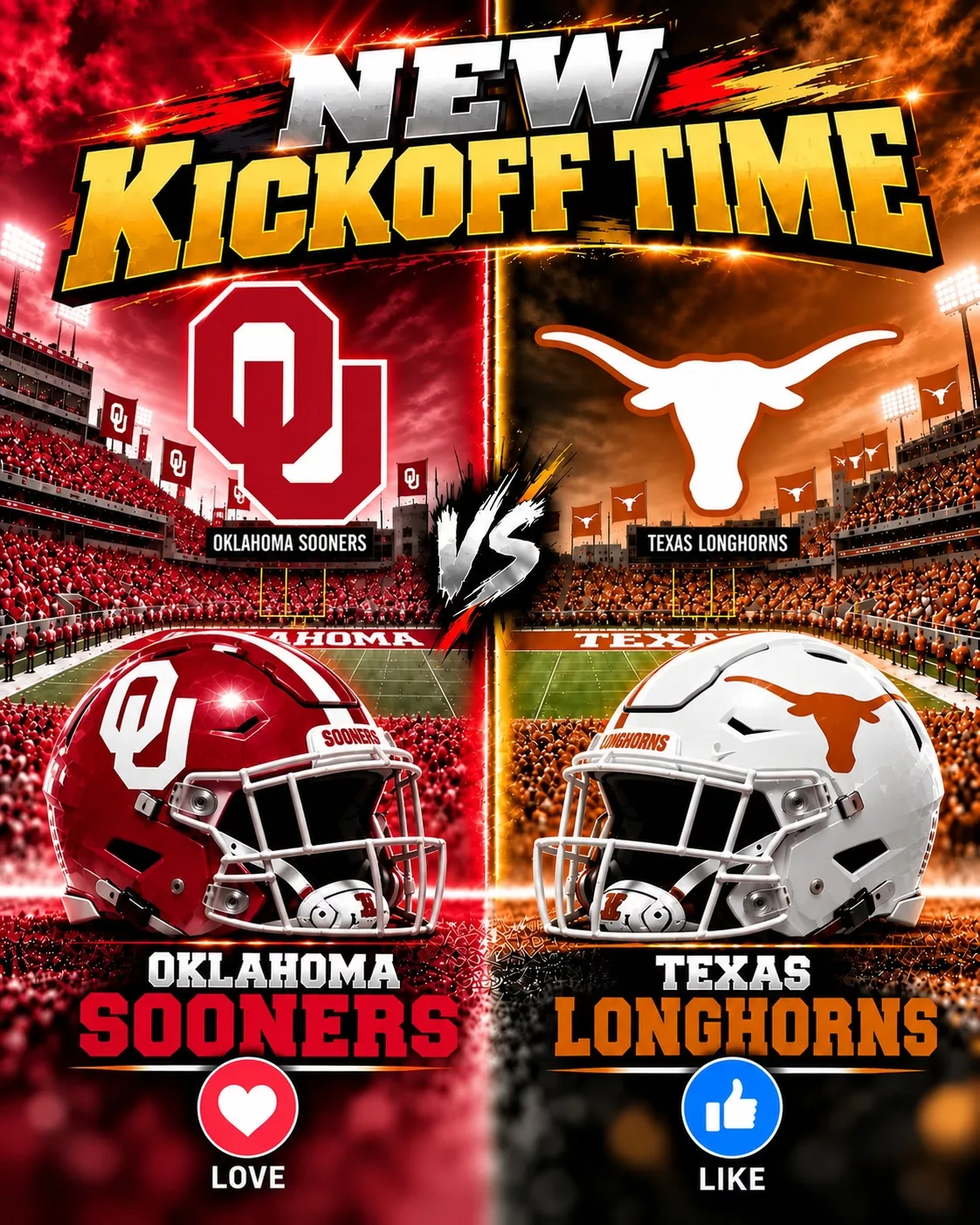 Cover Image for 🚨 BREAKING — KICKOFF TIME SUDDENLY CHANGED: ESPN has just put college football fans on high alert after announcing a major last-minute adjustment to the broadcast schedule for the highly anticipated Red River showdown between the Oklahoma Sooners and No. 1 Texas Longhorns.