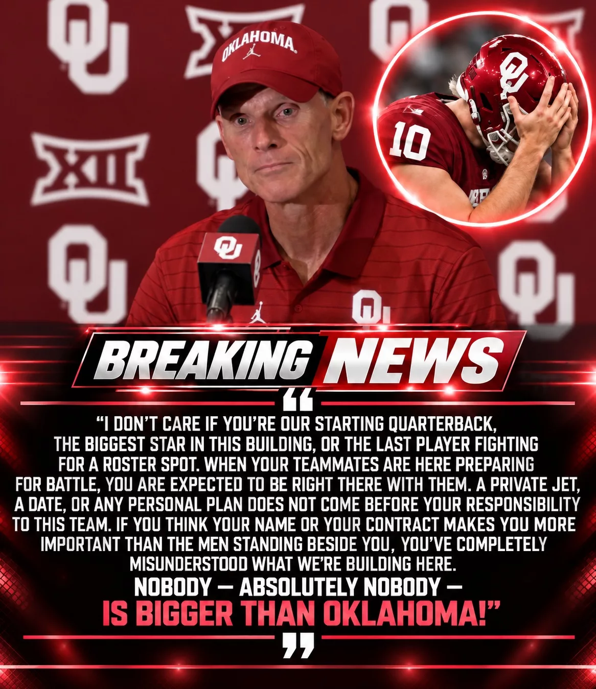 Cover Image for 🚨 BREAKING: Oklahoma Makes Shocking Roster Move Ahead of Texas Showdown After Star QB John Mateer Reportedly Skips Rivalry-Week Preparation for a Private-Jet Date — Brent Venables Delivers Ruthless Message: “Nobody Is Bigger Than Oklahoma!”