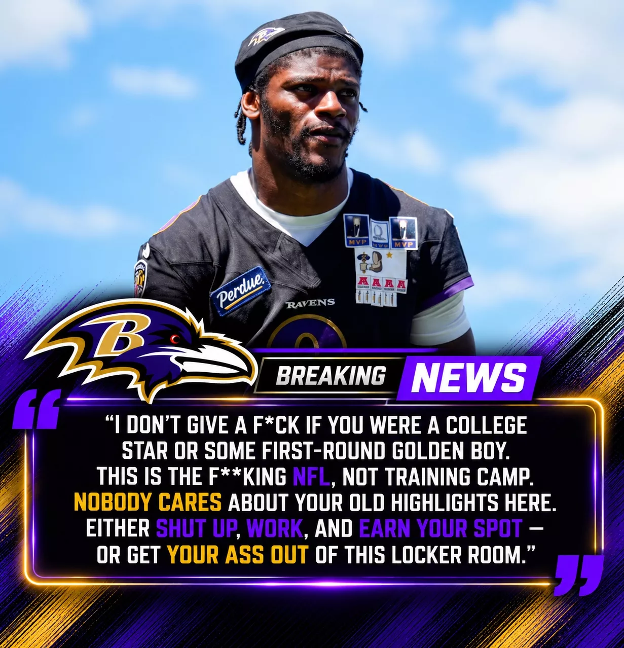 Cover Image for LOCKER ROOM TENSION: Baltimore Ravens Captain Lamar Jackson Reportedly Blasts Young Rookie for Complaining About the Team’s Brutal Training Sessions.