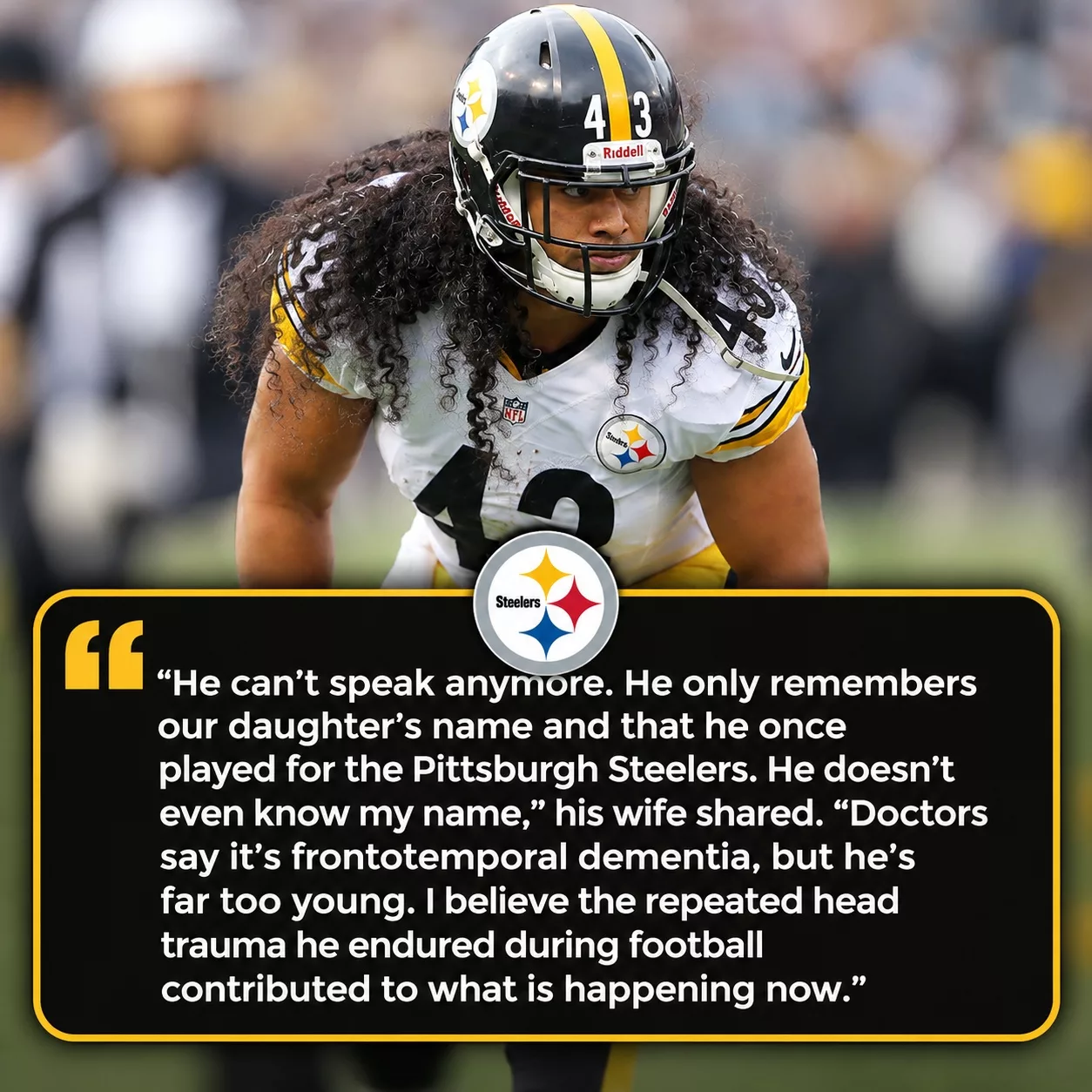 Cover Image for SAD NEWS: Pittsburgh Rallies Around Steelers Franchise Legend Troy Polamalu as He Reportedly Battles Dementia at 45 and Gradually Loses His Voice — Yet Still Holds Onto the Precious Memories of His Playing Days With the Steelers While Facing the Lasting Toll of an Incredible Football Career