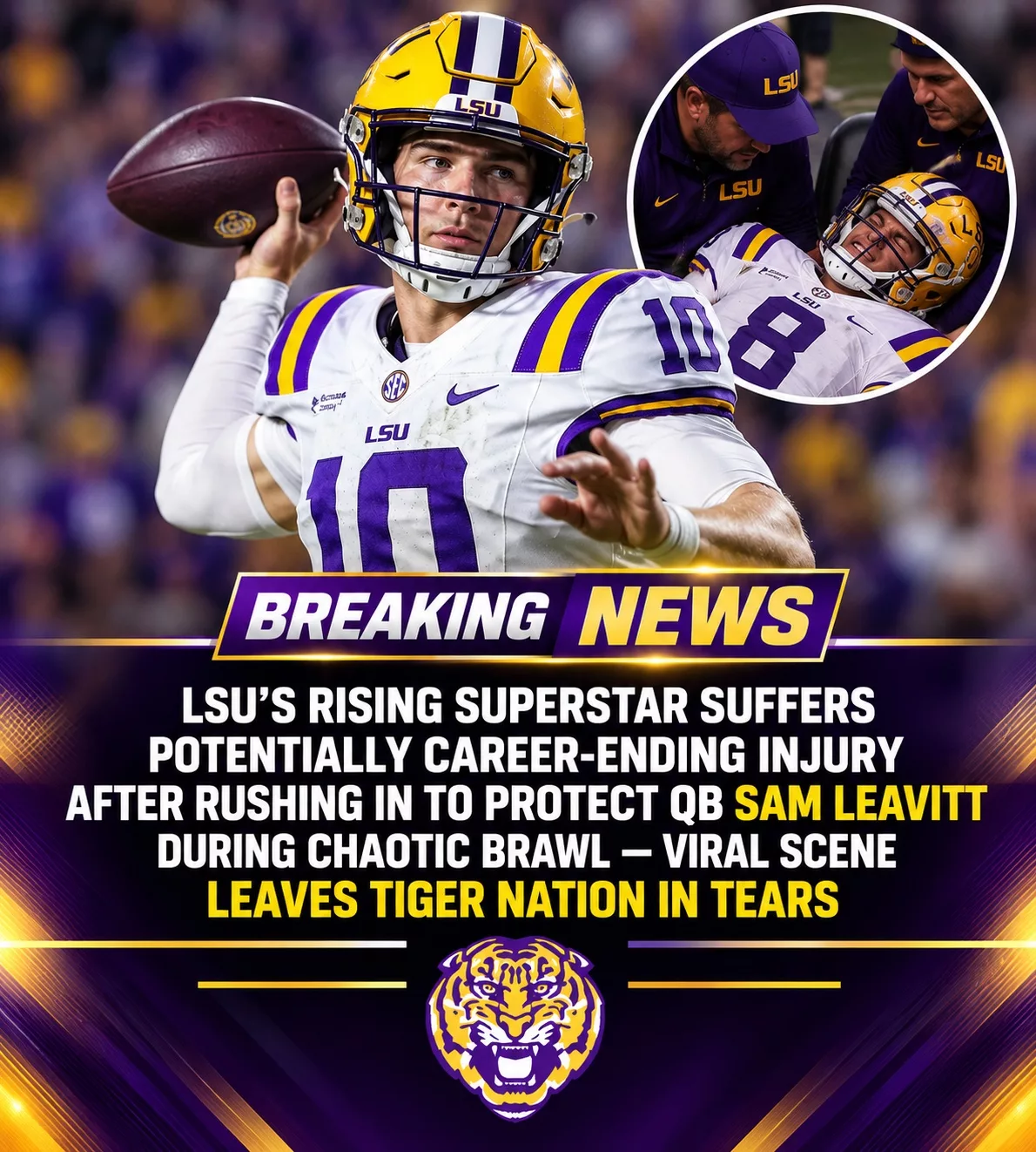 Cover Image for LSU’s Rising Superstar Suffers Potentially Career-Ending Injury After Rushing In to Protect QB Sam Leavitt During Chaotic Brawl — Viral Scene Leaves Tiger Nation in Tears