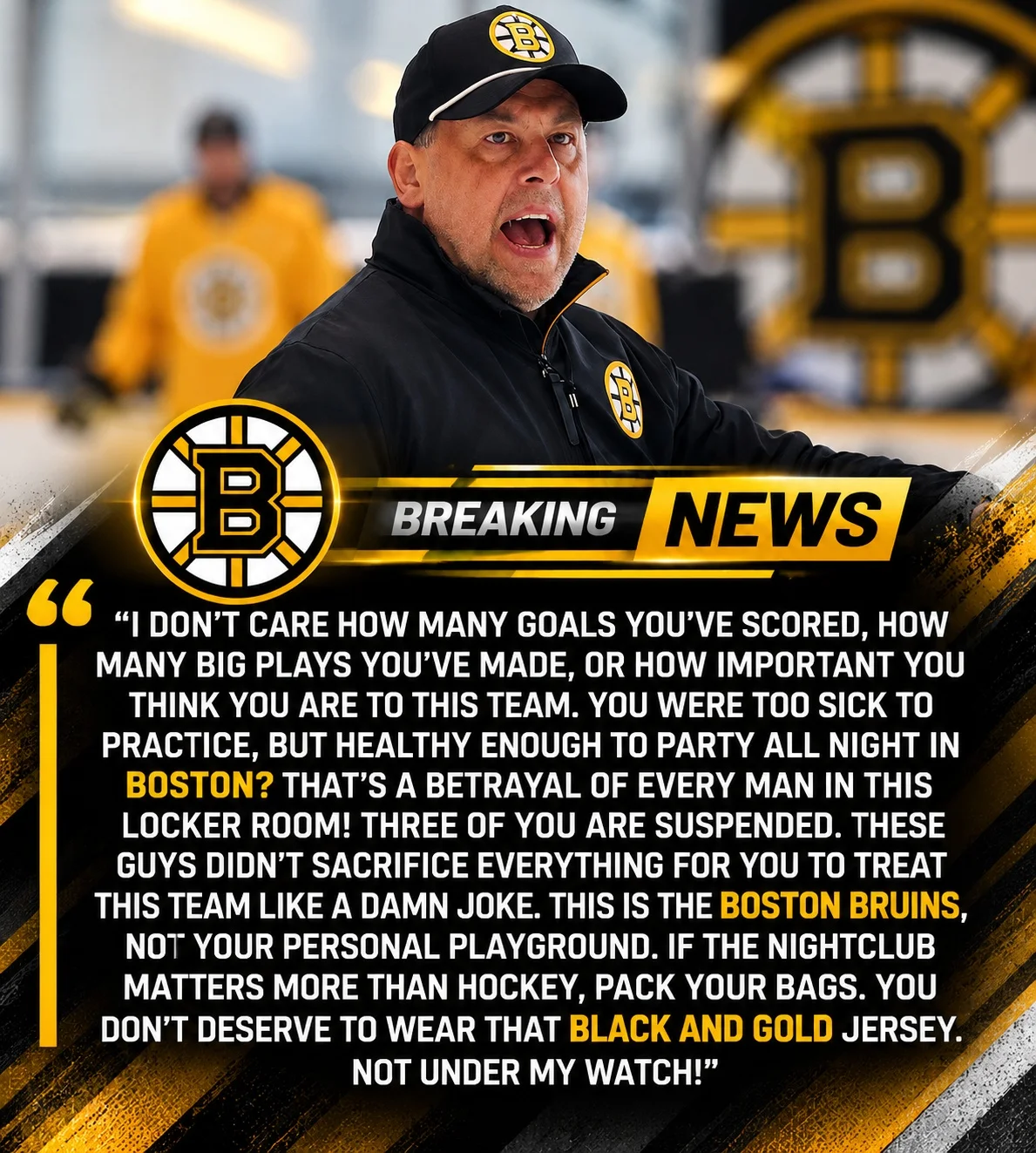 Cover Image for SHOCKWAVE IN BOSTON: Marco Sturm Suspends Three Bruins Players After Alleged Nightclub Controversy — “Not Under My Watch!”