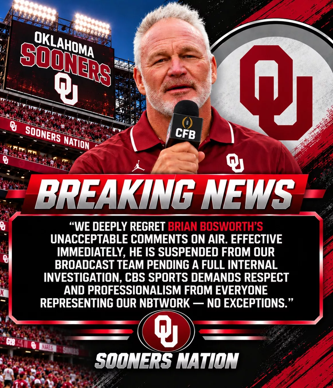 Cover Image for BREAKING: CBS Sports President David Berson Has Decided to Suspend Oklahoma Legend Brian Bosworth Just Hours After His Disrespectful Remarks About the Texas Longhorns, Right Before Their Highly Anticipated Red River Rivalry Clash
