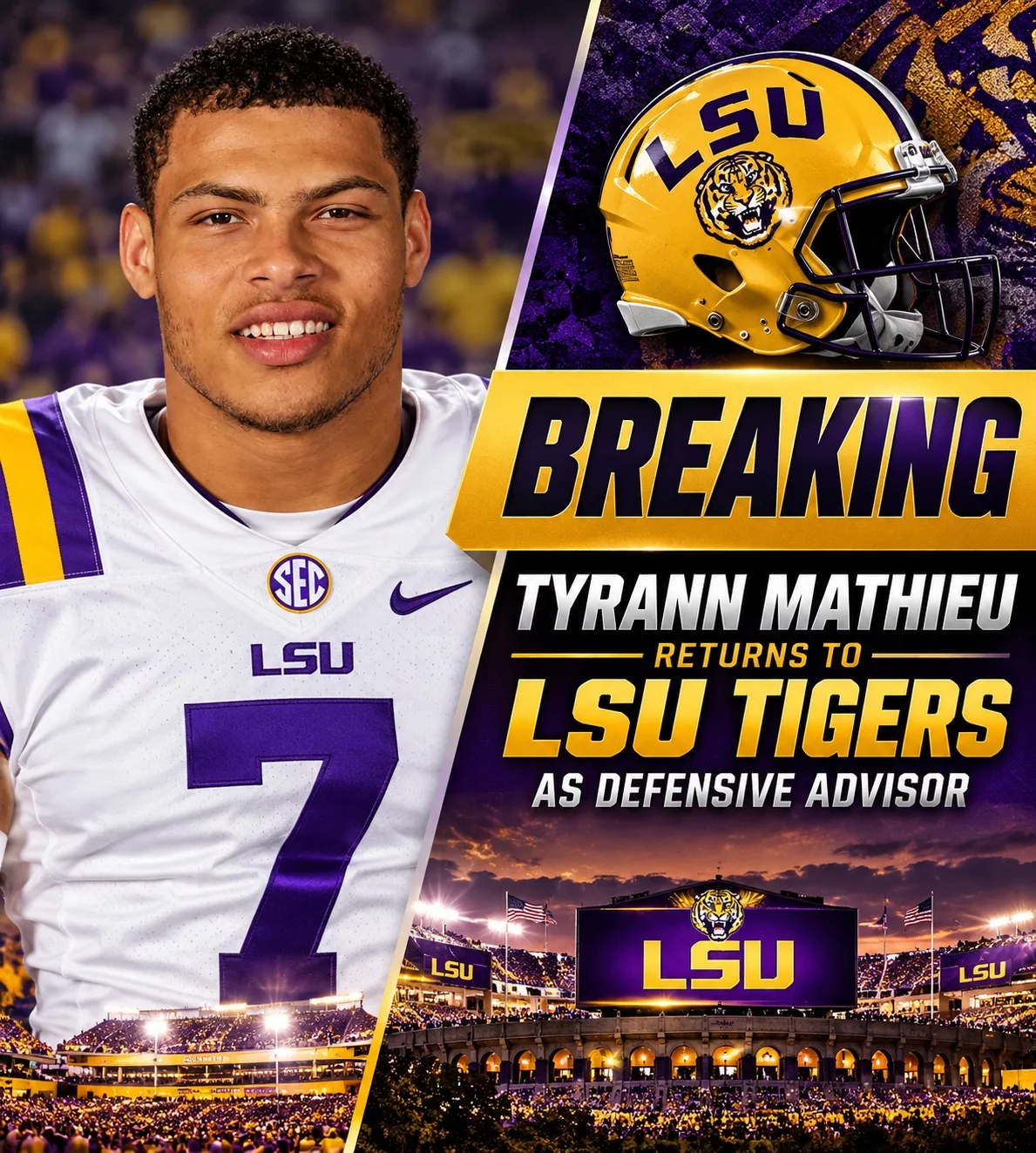 Cover Image for 🚨 BREAKING: LSU Tigers Bring in Tyrann Mathieu as Defensive Advisor — Baton Rouge Preparing a Ruthless Defense for Another Elite Run