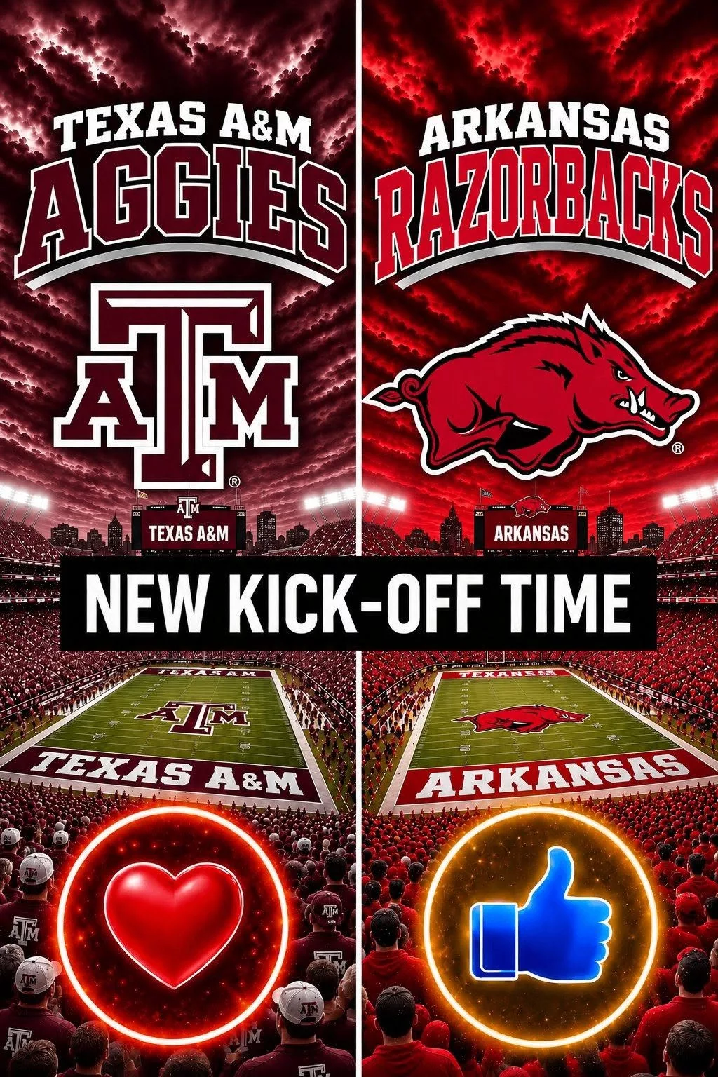Cover Image for 🔥 “CANCEL YOUR SATURDAY PLANS!” — College Football Just Dropped a Major Schedule Bomb: Texas A&M Aggies vs. Arkansas Razorbacks Set for a Must-See Saturday Night SEC Showdown at Kyle Field 🏈🚨