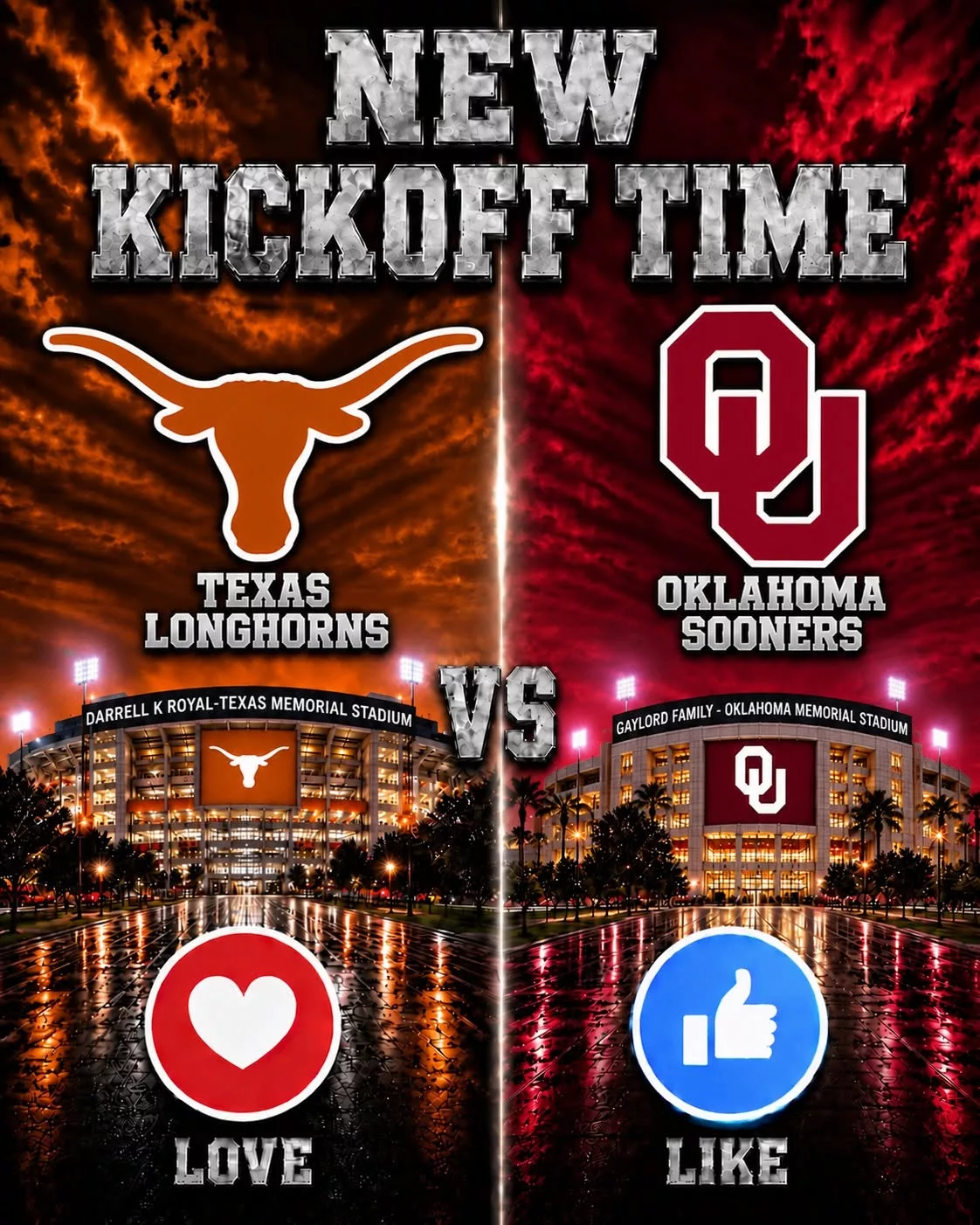 Cover Image for 🚨 NEW KICKOFF TIME: ESPN has just announced a major last-minute change to the broadcast schedule for the game between the Texas Longhorns and Oklahoma Sooners, and fans of both teams should pay close attention.