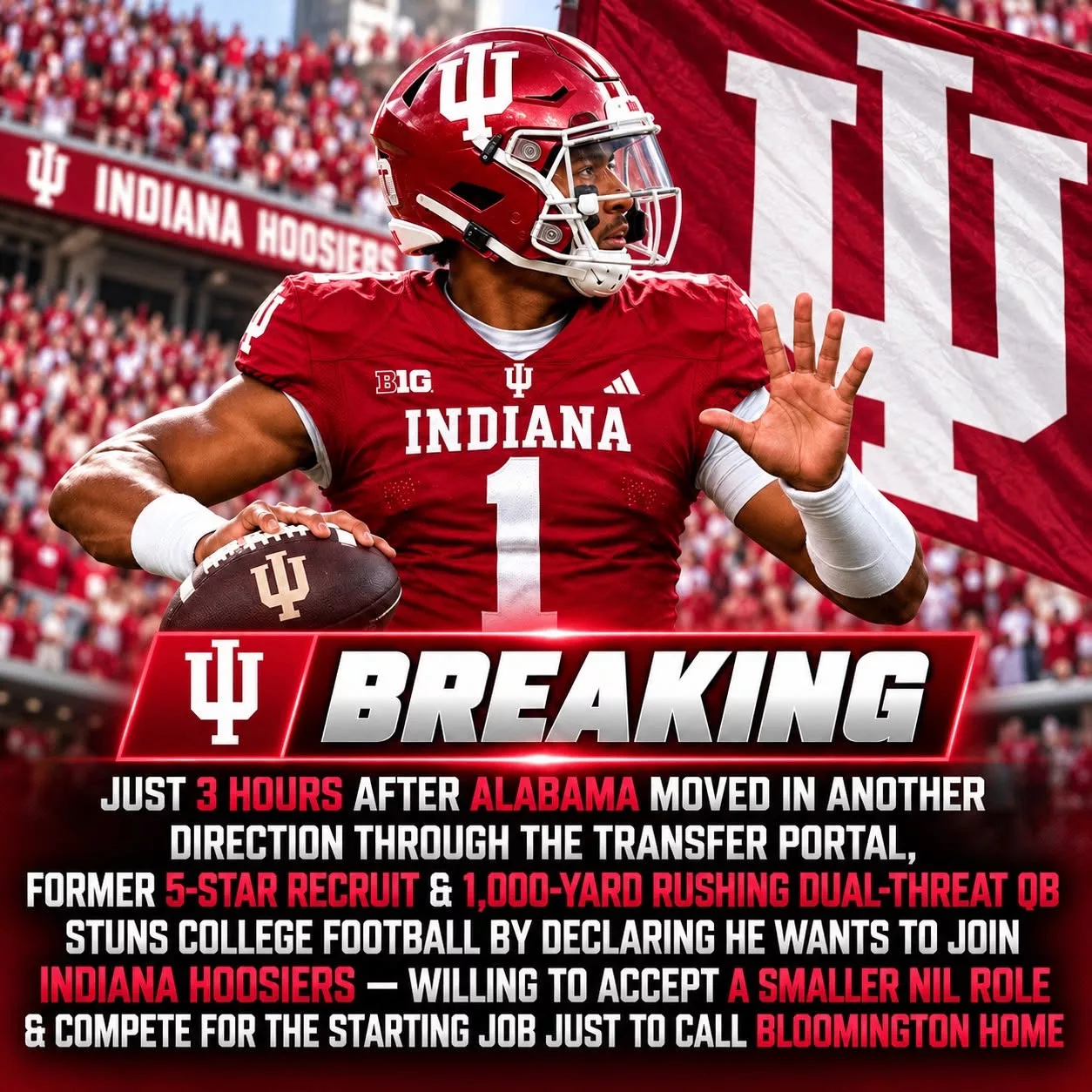 Cover Image for Just 3 Hours After Alabama Moved in Another Direction Through the Transfer Portal, Former 5-Star Recruit & 1,000-Yard Rushing Dual-Threat QB Stuns College Football by Declaring He Wants to Join Indiana Hoosiers — Willing to Accept a Smaller NIL Role & Compete for the Starting Job Just to Call Bloomington Home