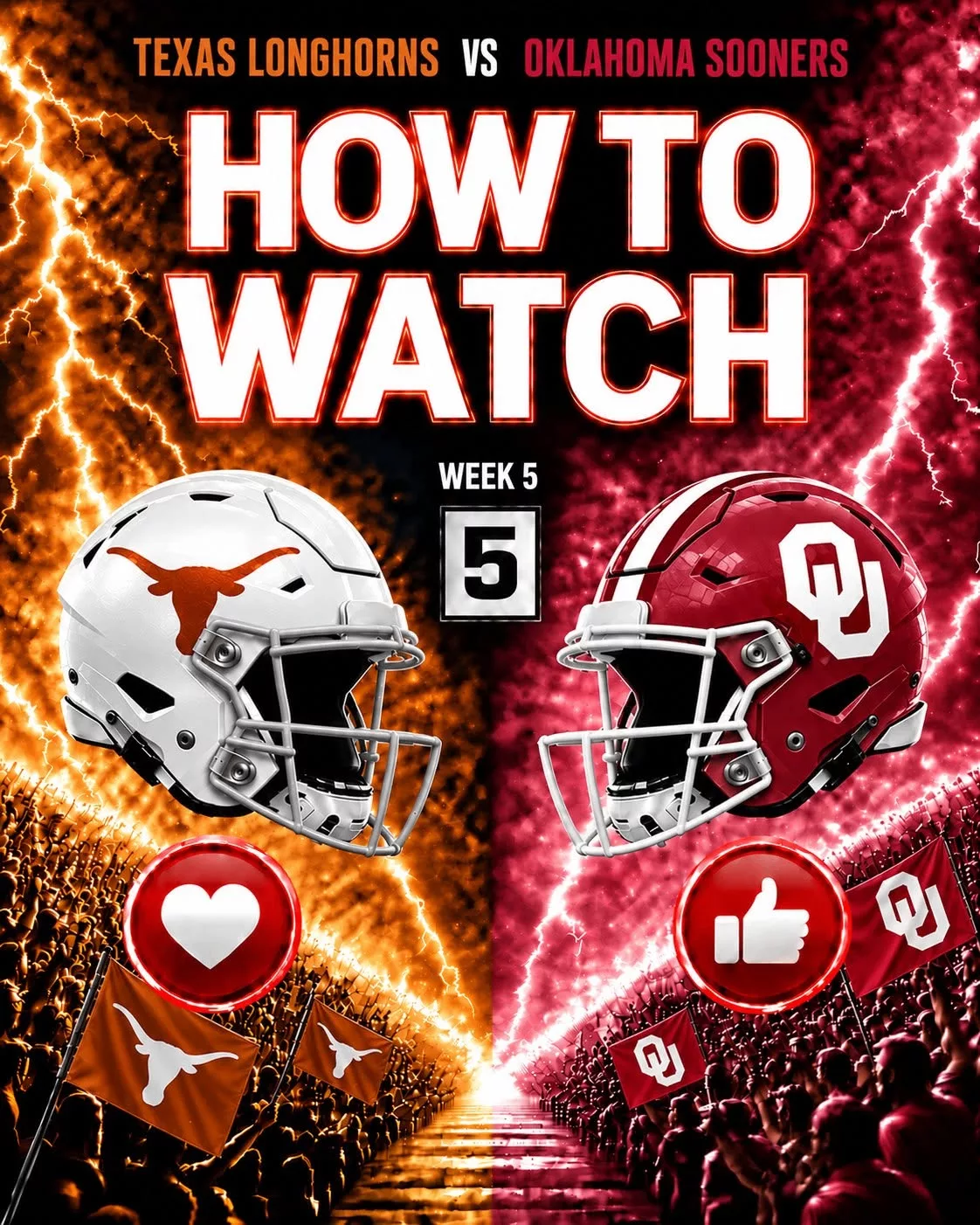 Cover Image for 🏈 WHERE TO WATCH THE BIG SHOWDOWN? TEXAS LONGHORNS vs. OKLAHOMA SOONERS! 🔥