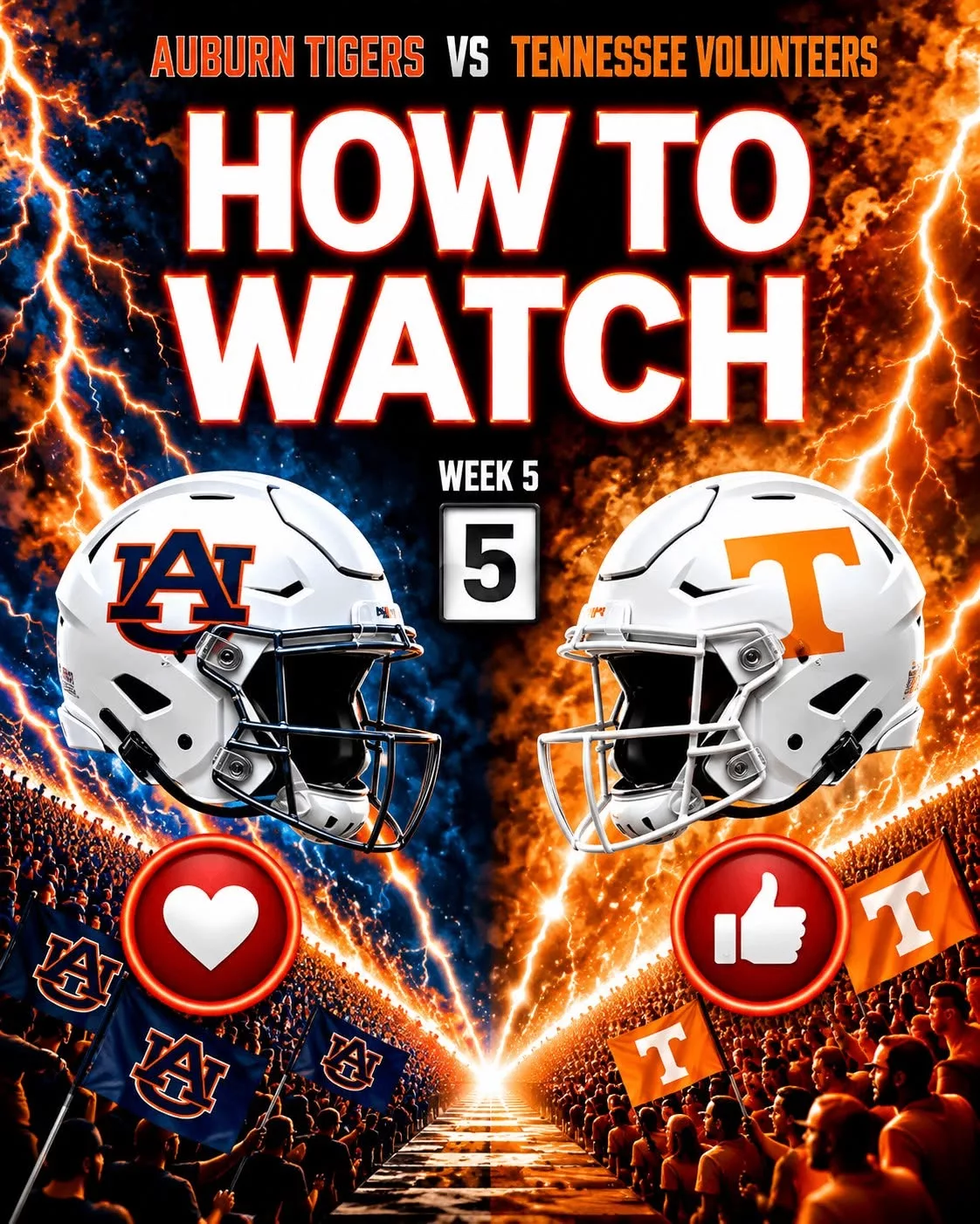Cover Image for 🏈 WHERE TO WATCH THE BIG SHOWDOWN? AUBURN TIGERS vs. No. 17 TENNESSEE VOLUNTEERS! 🔥