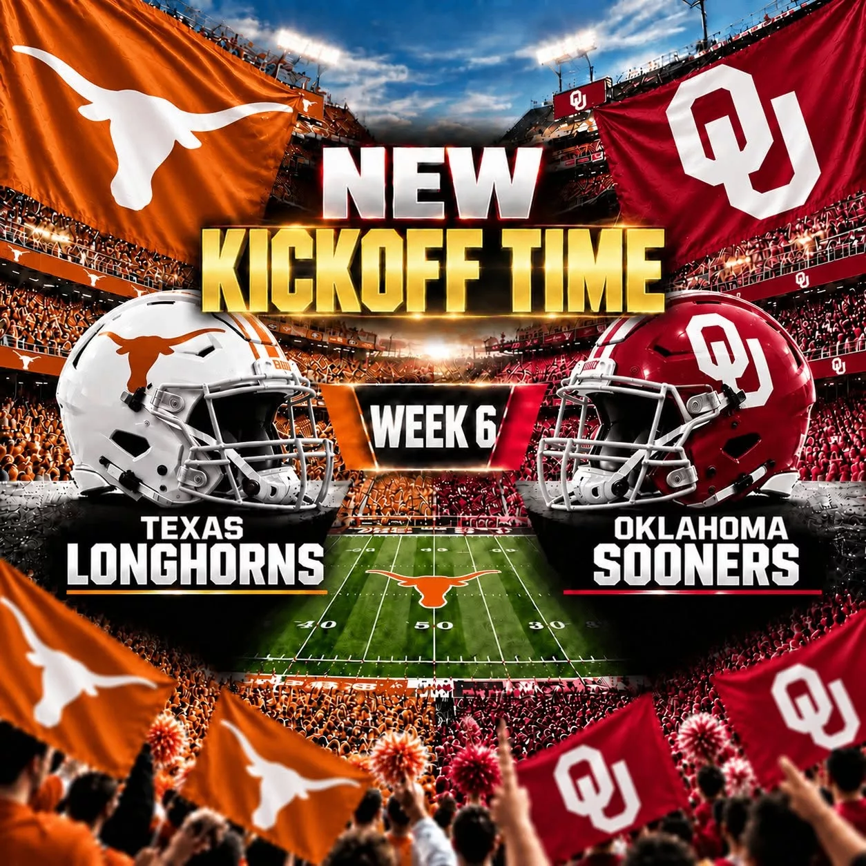 Cover Image for 🚨 SCHEDULE UPDATE: Texas Longhorns vs. Oklahoma Sooners — TIME CHANGE NOTICE