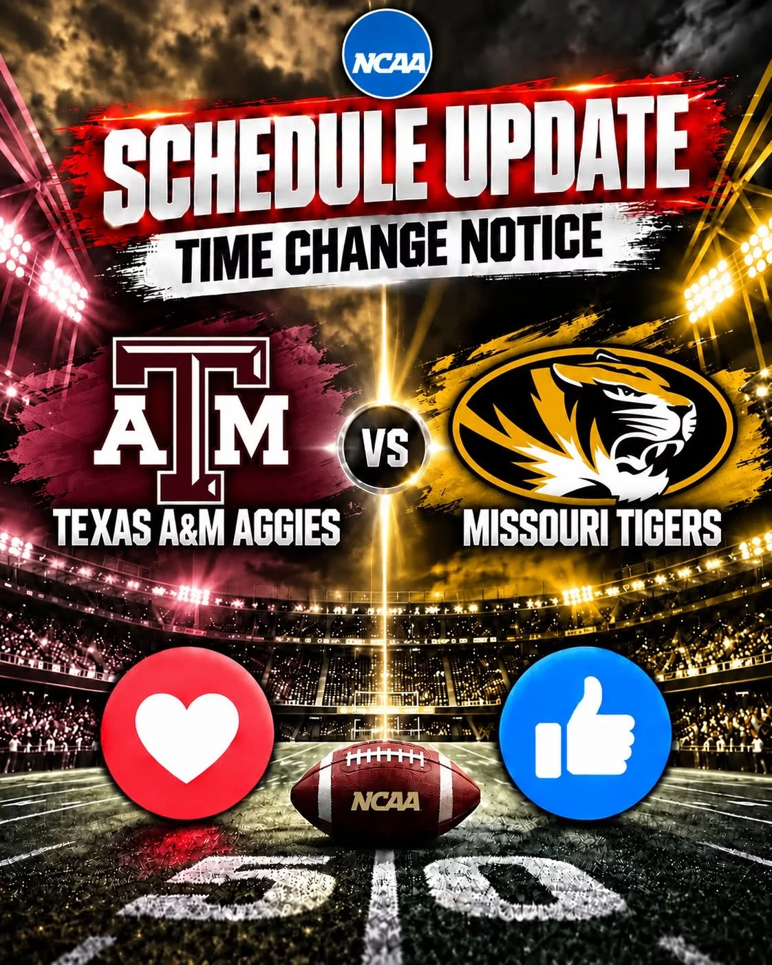 Cover Image for 🚨 SCHEDULE UPDATE: Texas A&M Aggies vs. Missouri Tigers — TIME CHANGE NOTICE 🏈🔥
