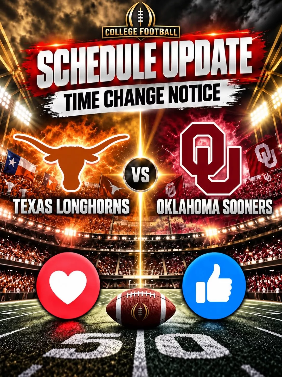 Cover Image for 🚨 SCHEDULE UPDATE: Texas Longhorns vs Oklahoma Sooners — TIME CHANGE NOTICE 🏈🔥