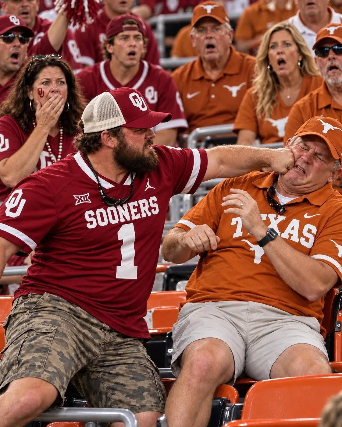 Cover Image for 🚨 SHOCKING VIDEO: Footage appears to show an Oklahoma Sooners fan hitting a Texas Longhorns fan in a violent postgame brawl after the final whistle, with the final score: Oklahoma Sooners 27–24 Texas Longhorns.