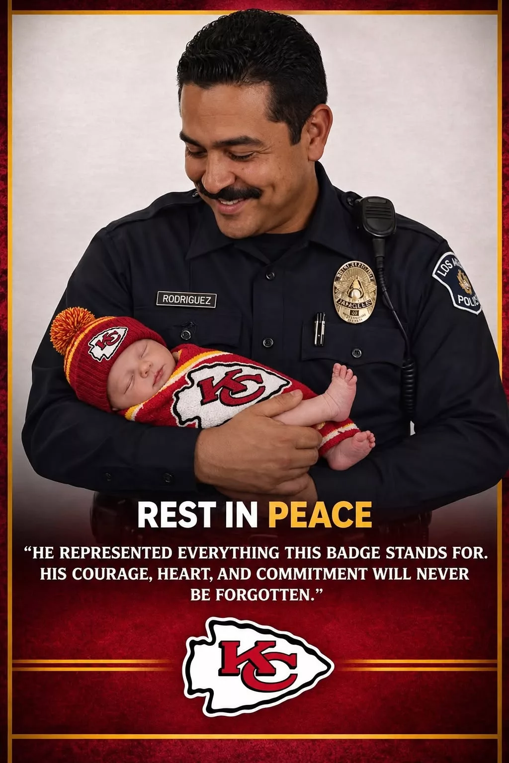 Cover Image for R.E.S.T IN P.E.A.C.E: Kansas City police officer David Rodriguez, a familiar face at the Kansas City Chiefsβ stadium for many years, has tragically passed away after a devastating crash.